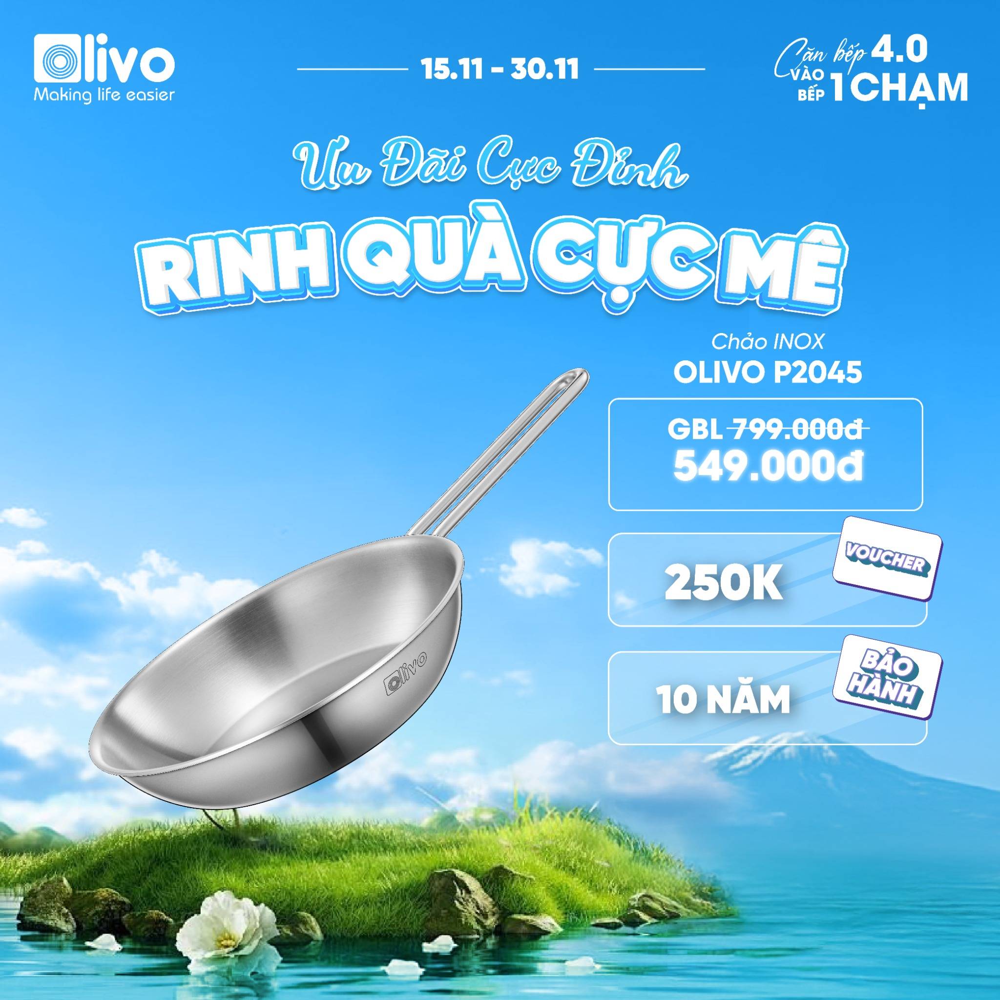 CHẢO INOX OLIVO P2045 – Chống Dính Tự Nhiên, Đáy 3 Lớp, Đường Kính 20cm, Sâu Lòng 4.5cm, Nấu Được Trên Mọi Loại Bếp