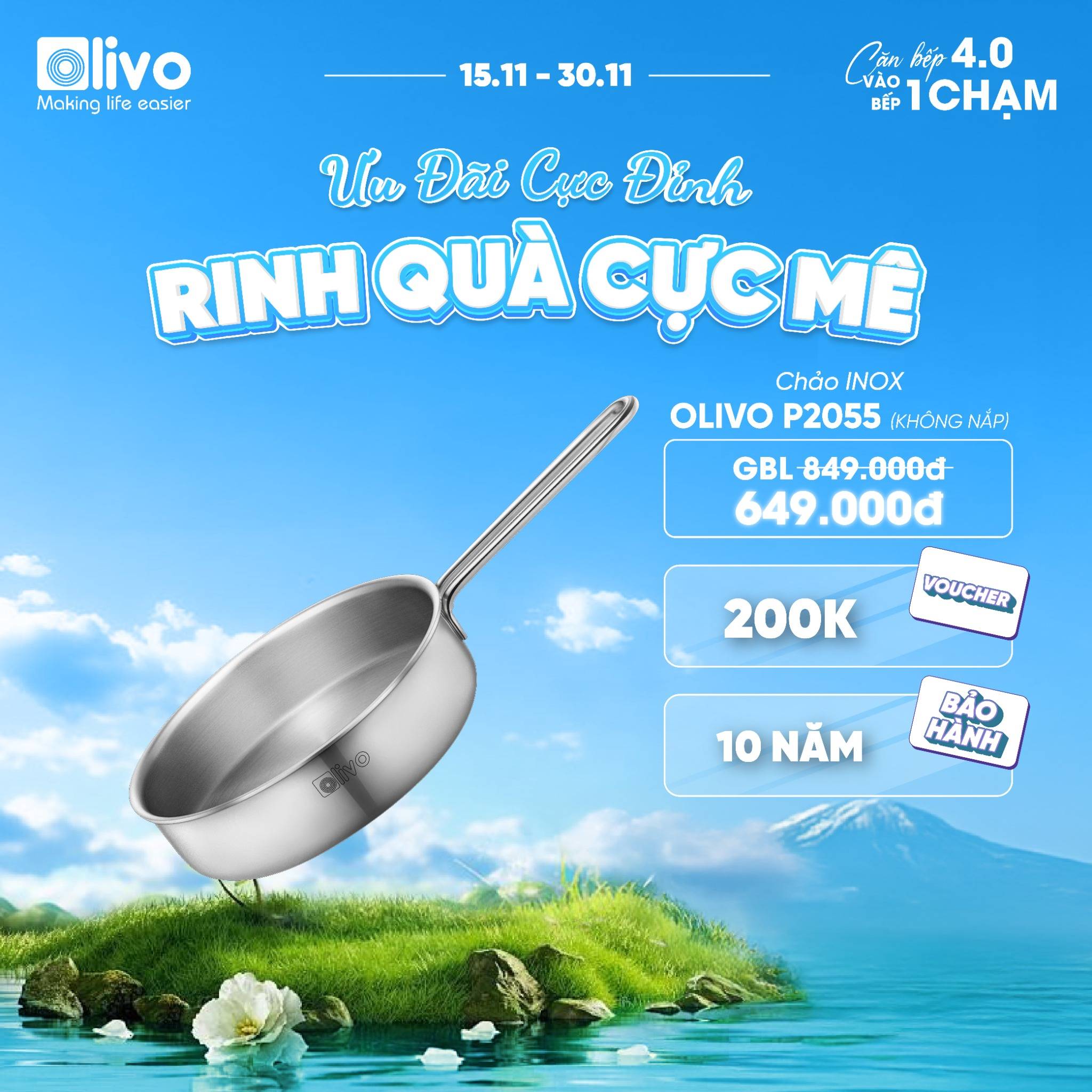 CHẢO INOX OLIVO P2055 – Chống Dính Tự Nhiên, Đường Kính 20cm, Sâu Lòng 5.5cm, Nấu Được Trên Mọi Loại Bếp