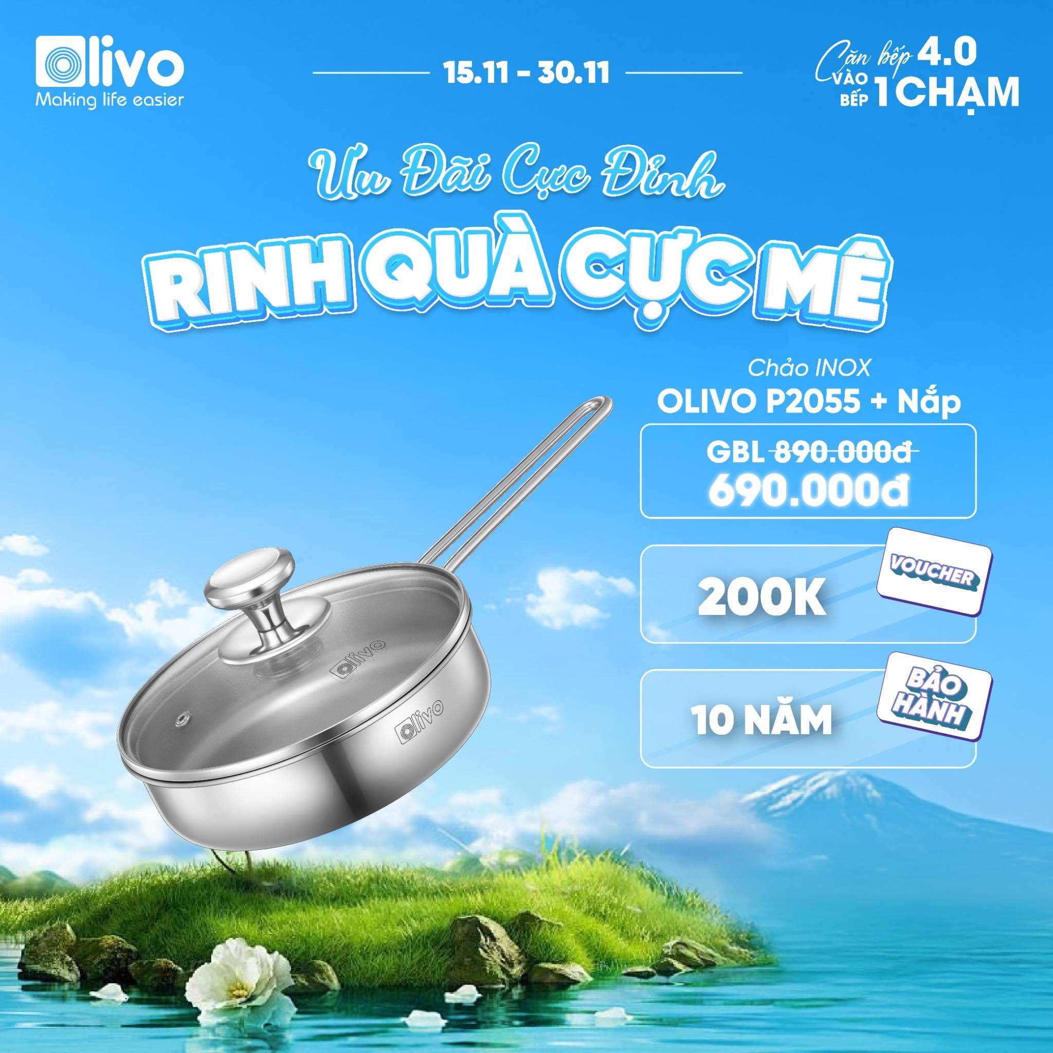 CHẢO INOX OLIVO P2055 – Chống Dính Tự Nhiên, Đường Kính 20cm, Sâu Lòng 5.5cm, Nấu Được Trên Mọi Loại Bếp