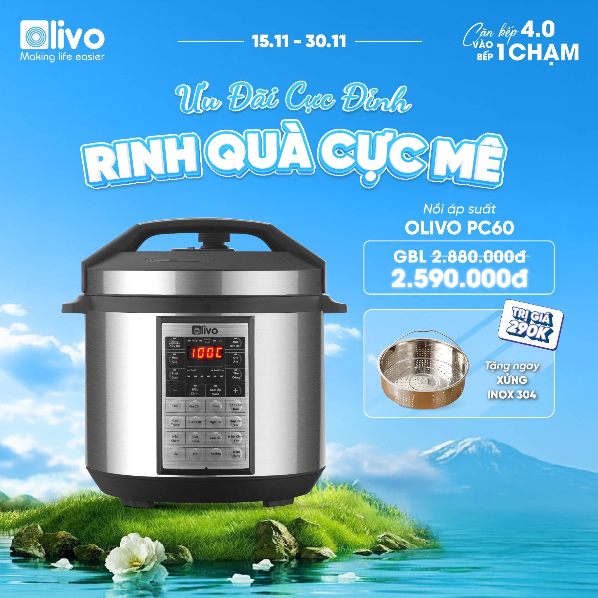 Nồi Áp Suất Điện Đa Năng OLIVO PC60 - 16 Chức Năng - Dung Tích 6L - Công Suất 1000W