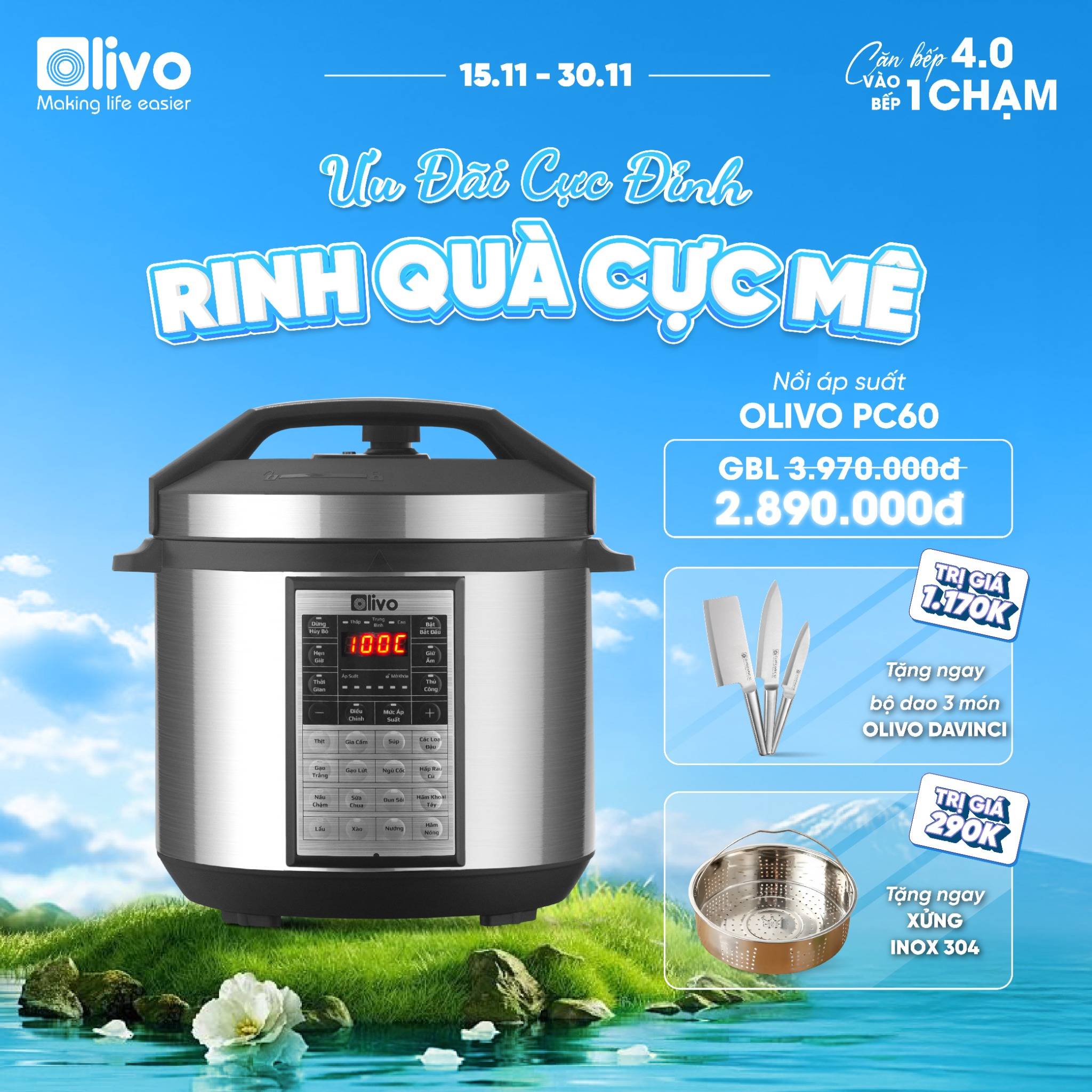 Nồi Áp Suất Điện Đa Năng OLIVO PC60 - 16 Chức Năng - Dung Tích 6L - Công Suất 1000W