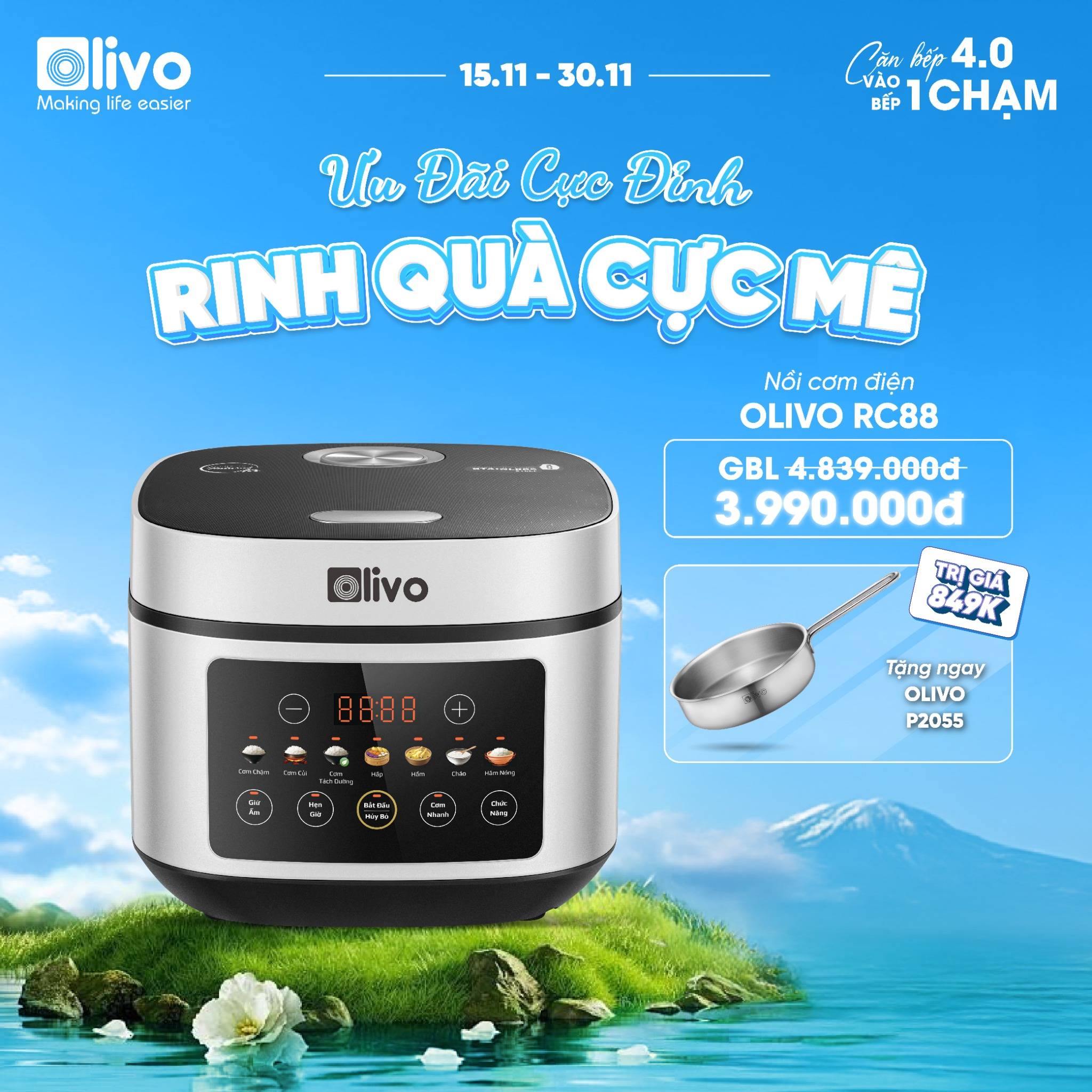 Nồi Cơm Điện OLIVO RC88 – Lòng Nồi INOX 304 Chống Dính Tự Nhiên, Bảng Điều Khiển OLED Sống Động, Nấu Cơm Ngon, Thiết Kế Sang Trọng