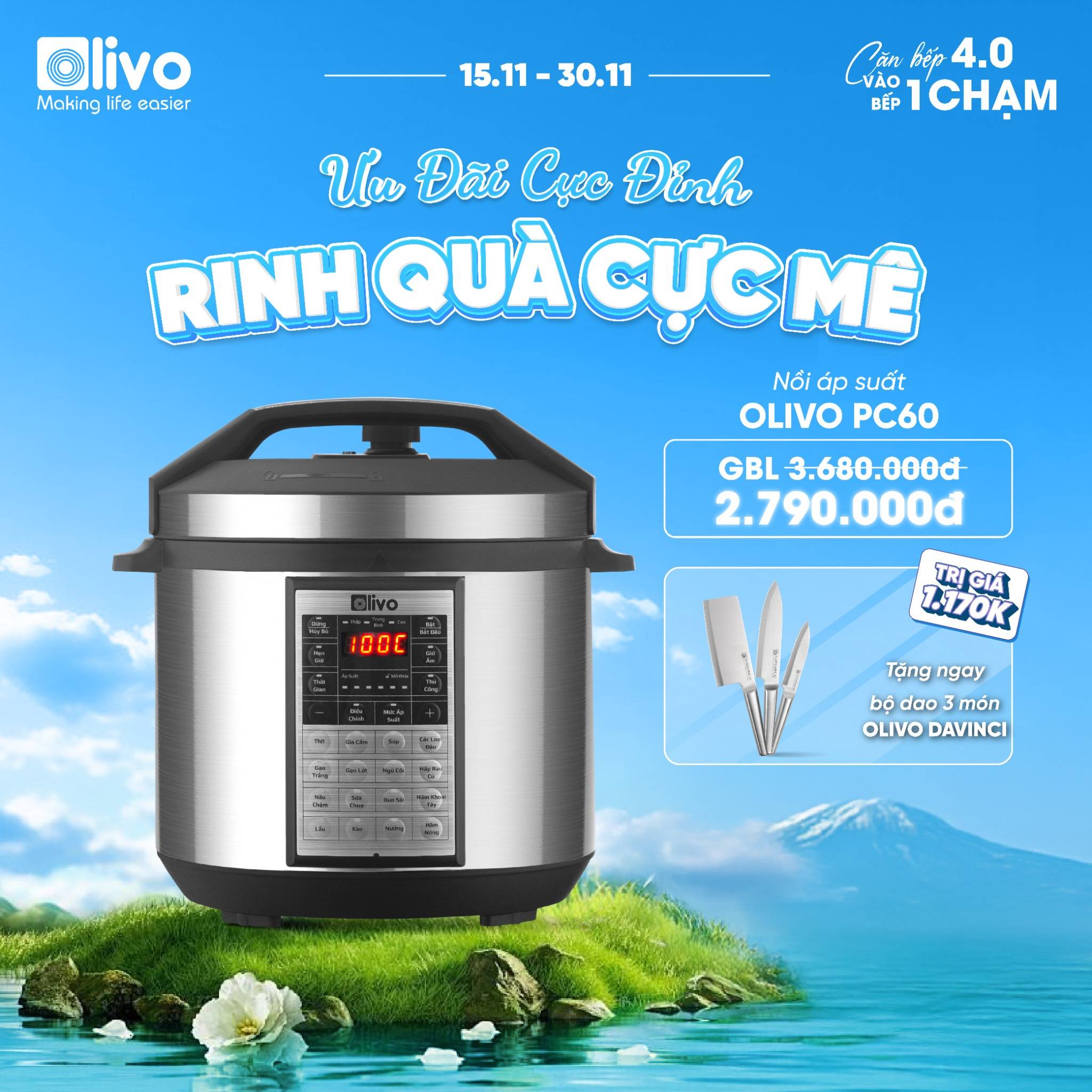 Nồi Áp Suất Điện Đa Năng OLIVO PC60 - 16 Chức Năng - Dung Tích 6L - Công Suất 1000W