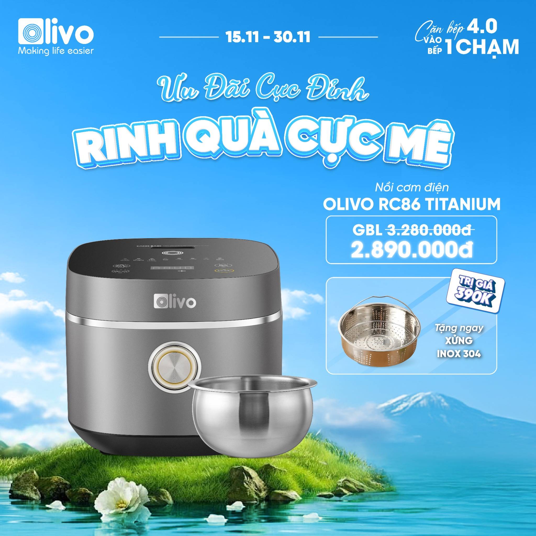 Nồi Cơm Điện OLIVO RC86 Titanium - Lòng Nồi INOX 304 Chống Dính Tự Nhiên, Nấu Cơm Ngon, Thiết Kế Tinh Tế, Sang Trọng