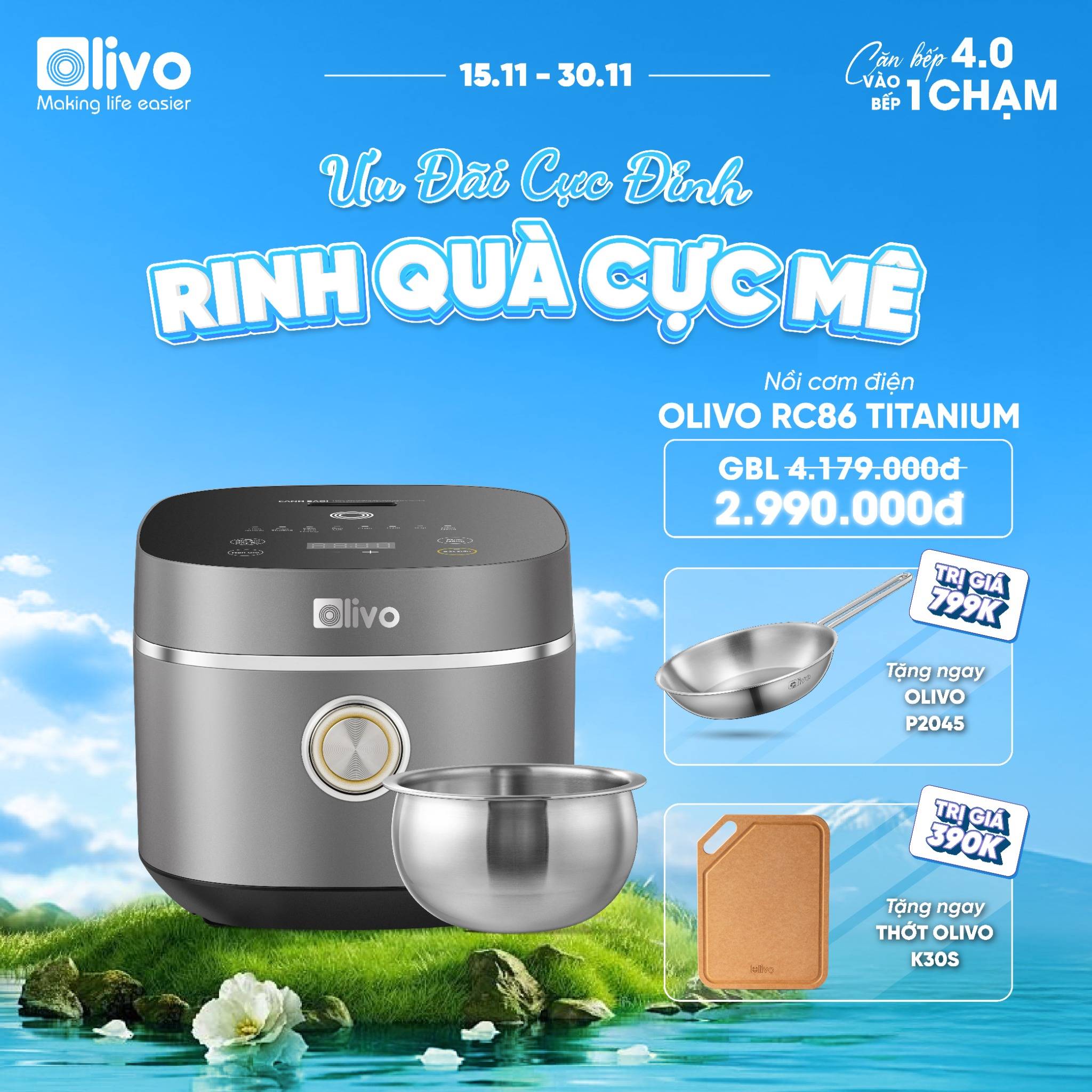 Nồi Cơm Điện OLIVO RC86 Titanium - Lòng Nồi INOX 304 Chống Dính Tự Nhiên, Nấu Cơm Ngon, Thiết Kế Tinh Tế, Sang Trọng