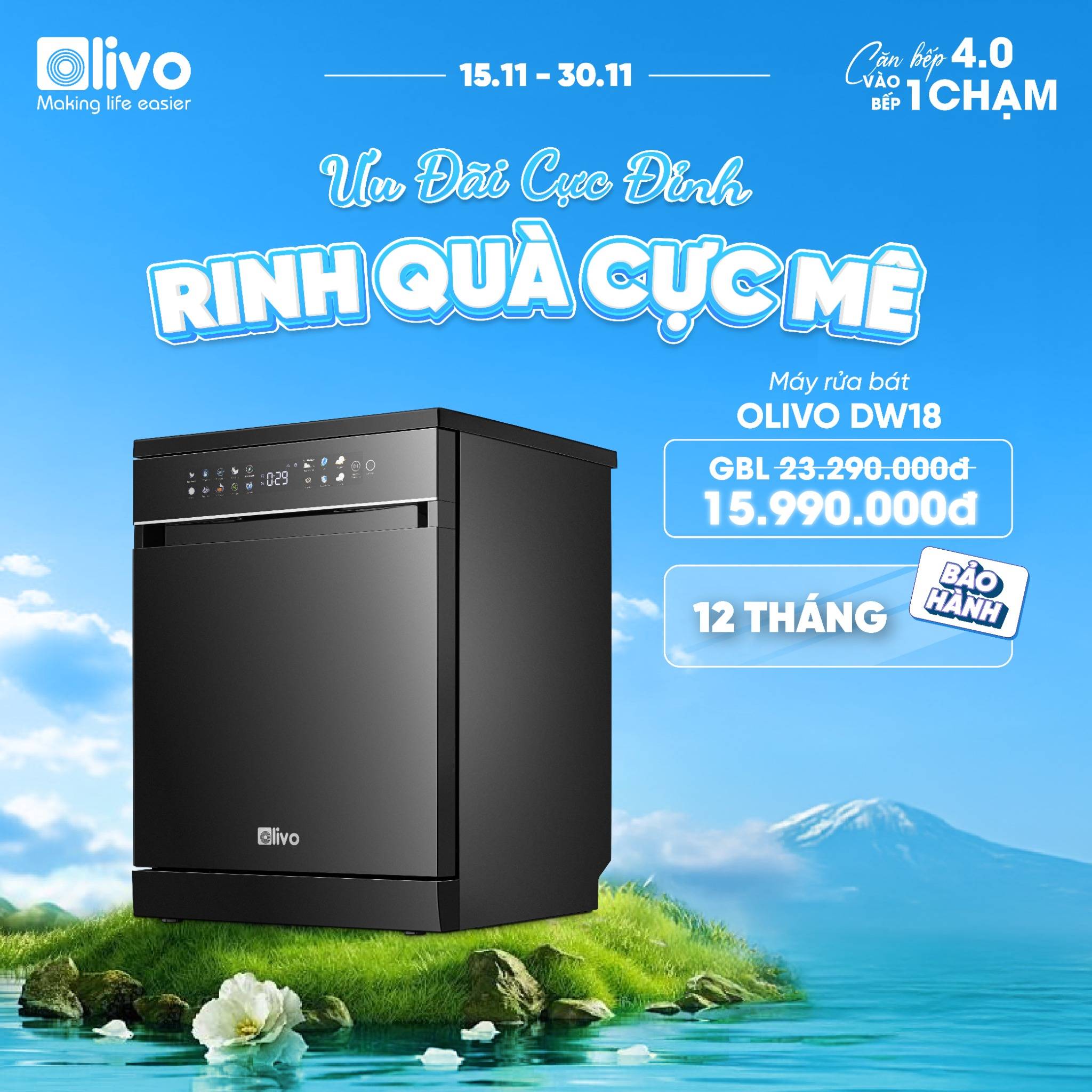 Máy Rửa Bát OLIVO DW18 - 3 Giỏ Linh Hoạt - Tải Trọng 18 Bộ Bát Đĩa - Sấy Turbo EcoDry - Rửa Hydro360 Wash -16 Chương Trình - Khử Khuẩn UV