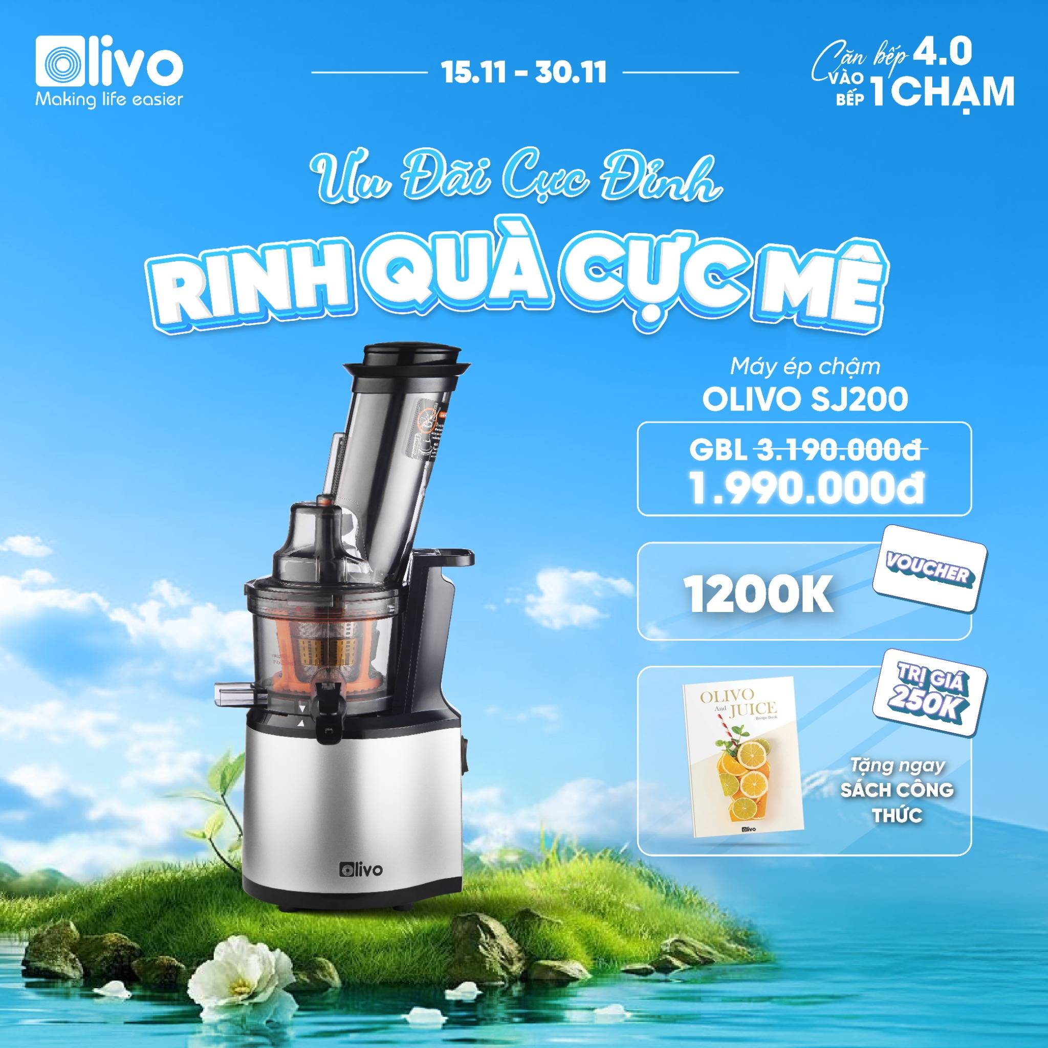 Máy Ép Chậm OLIVO SJ200 Đa Năng - Ép Kiệt Bã 98% - Tốc Độ Chậm 39 vòng/phút - Dễ Vệ Sinh