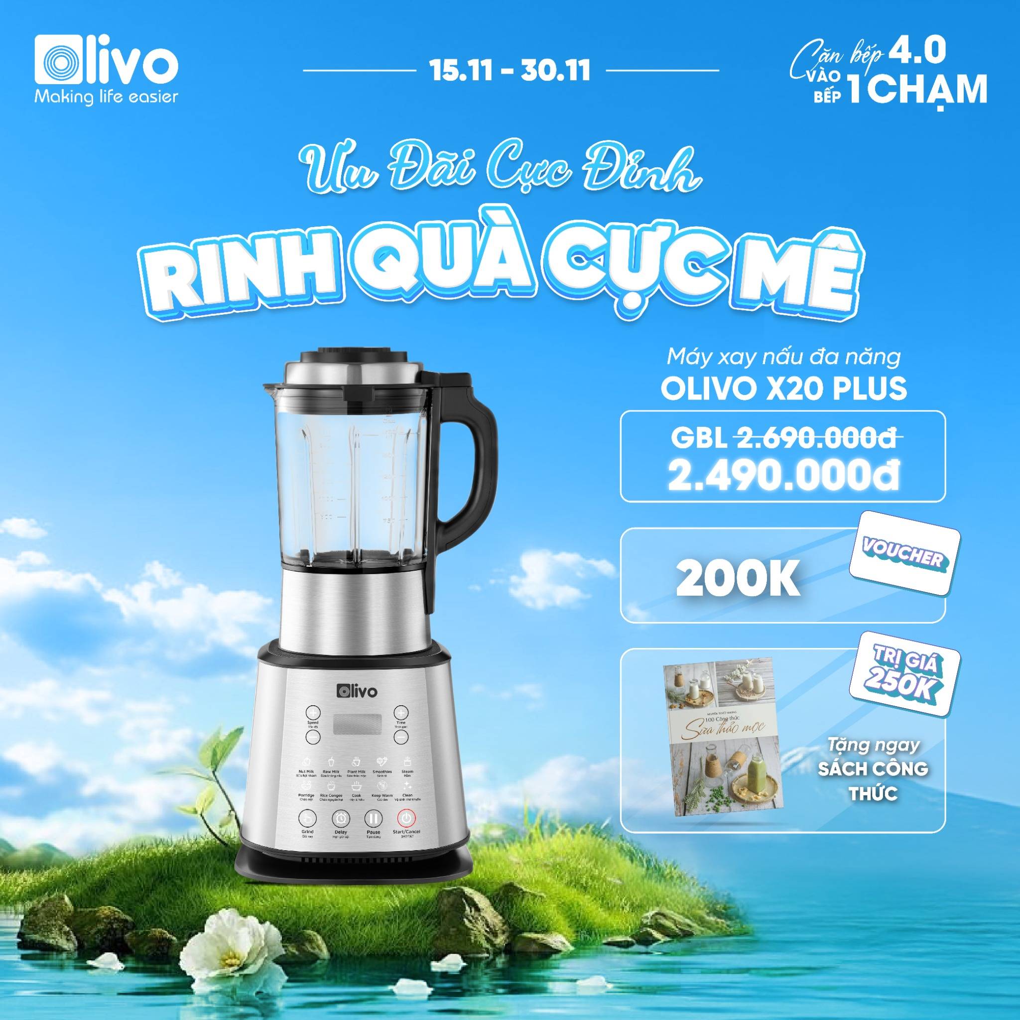 Máy Làm Sữa Hạt OLIVO X20 PLUS Phiên Bản 2023 - Đa Chức Năng - Tạm Dừng Thông Minh - Vệ Sinh Khử Khuẩn Độc Quyền - Chống Trào Tuyệt Đối - Công Suất 2000W