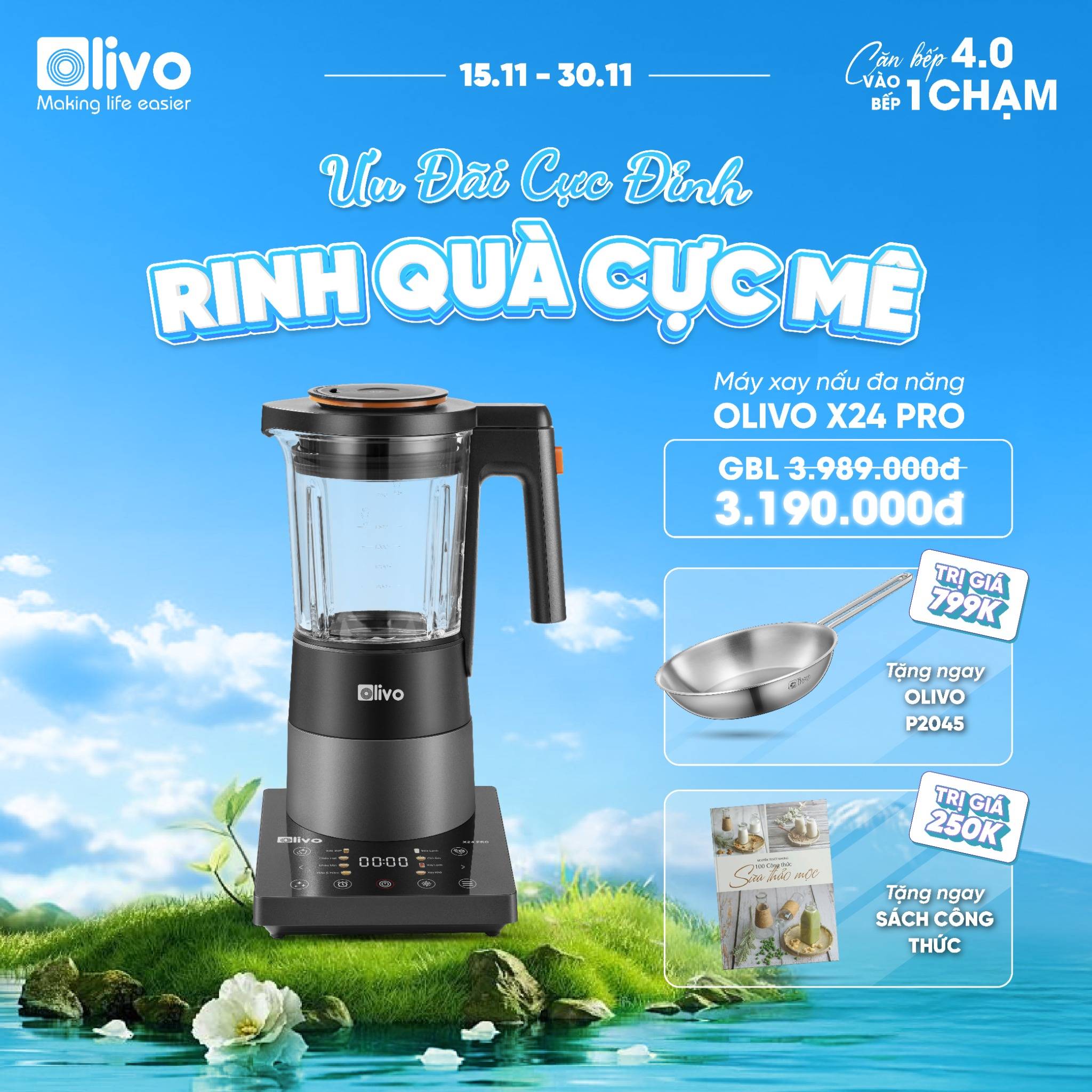 Máy Xay Nấu Đa Năng OLIVO X24 PRO - Đa Chức Năng - Chống Trào Tuyệt Đối    - Mâm Nhiệt Gốm Chống Dính
