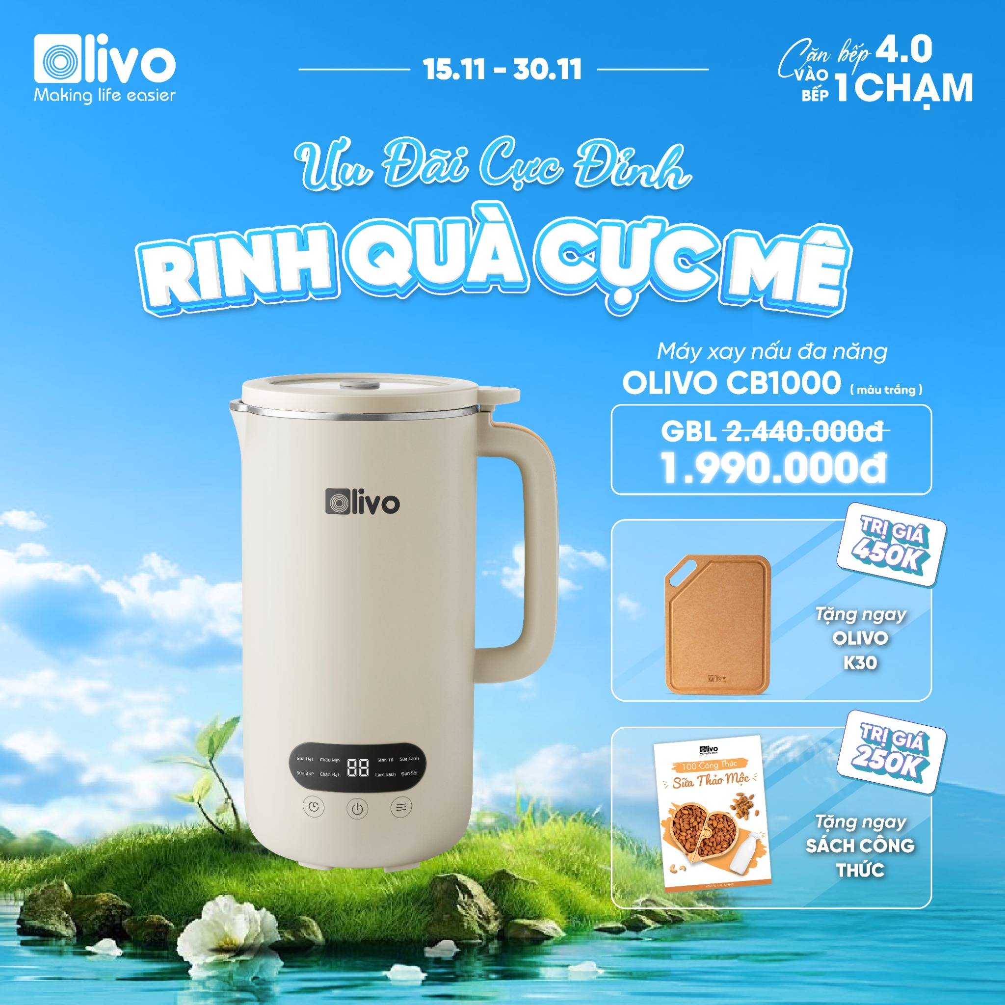Máy Xay Nấu Đa Năng OLIVO CB1000 - Dung Tích 1L, Nắp INOX Kết Hợp Kính Cường Lực Duy Nhất Trên Thị Trường, Công Suất 880W, 9 Chế Độ, Chống Trào Tuyệt Đối
