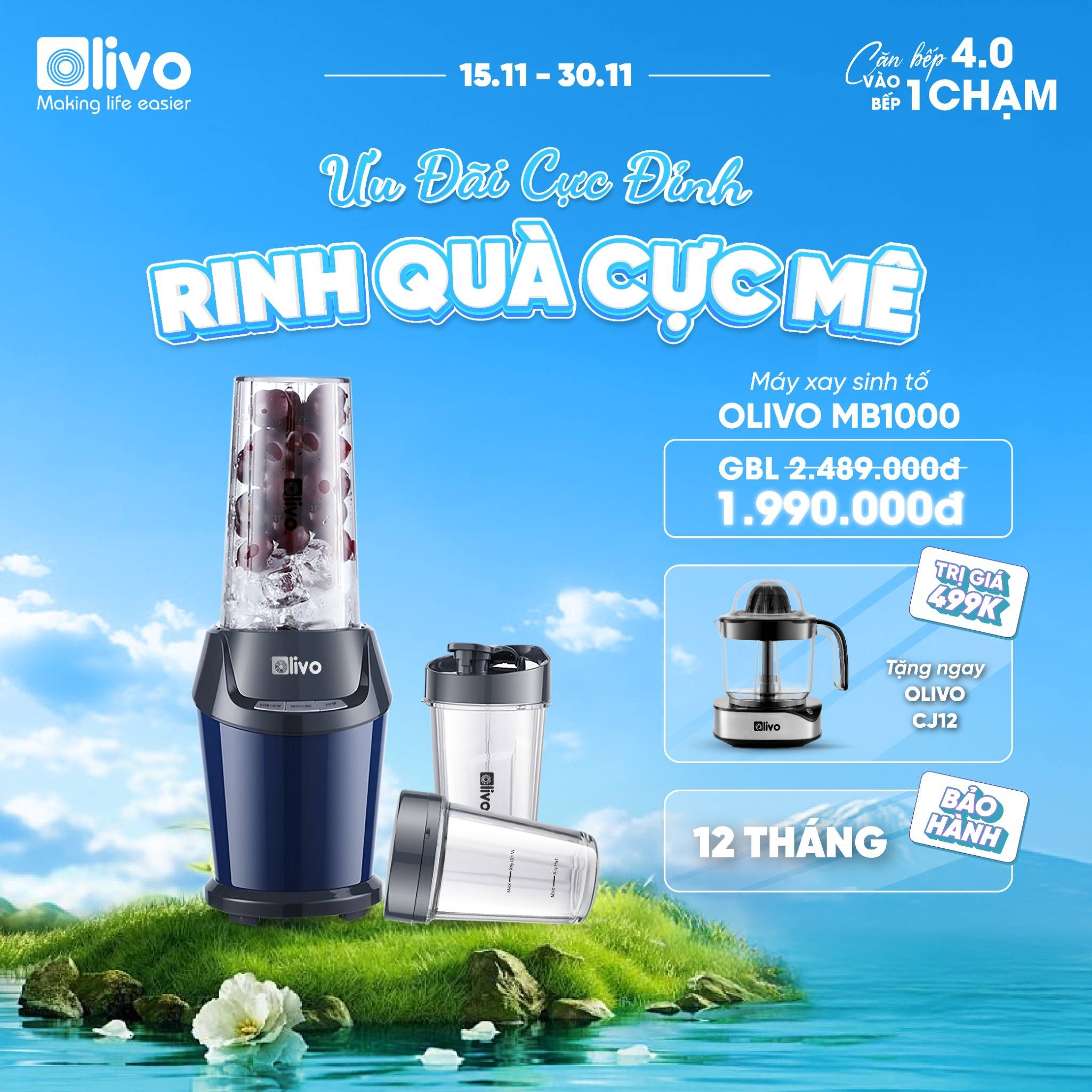 Máy Xay Sinh Tố OLIVO MB1000 - Ba Cốc Xay Linh Hoạt - Xay Đá Bào, Xay Sinh Tố, Smoothie, Đồ Ăn Dặm Cho Bé, Xay Đồ Khô - Công Suất Lớn 1000W