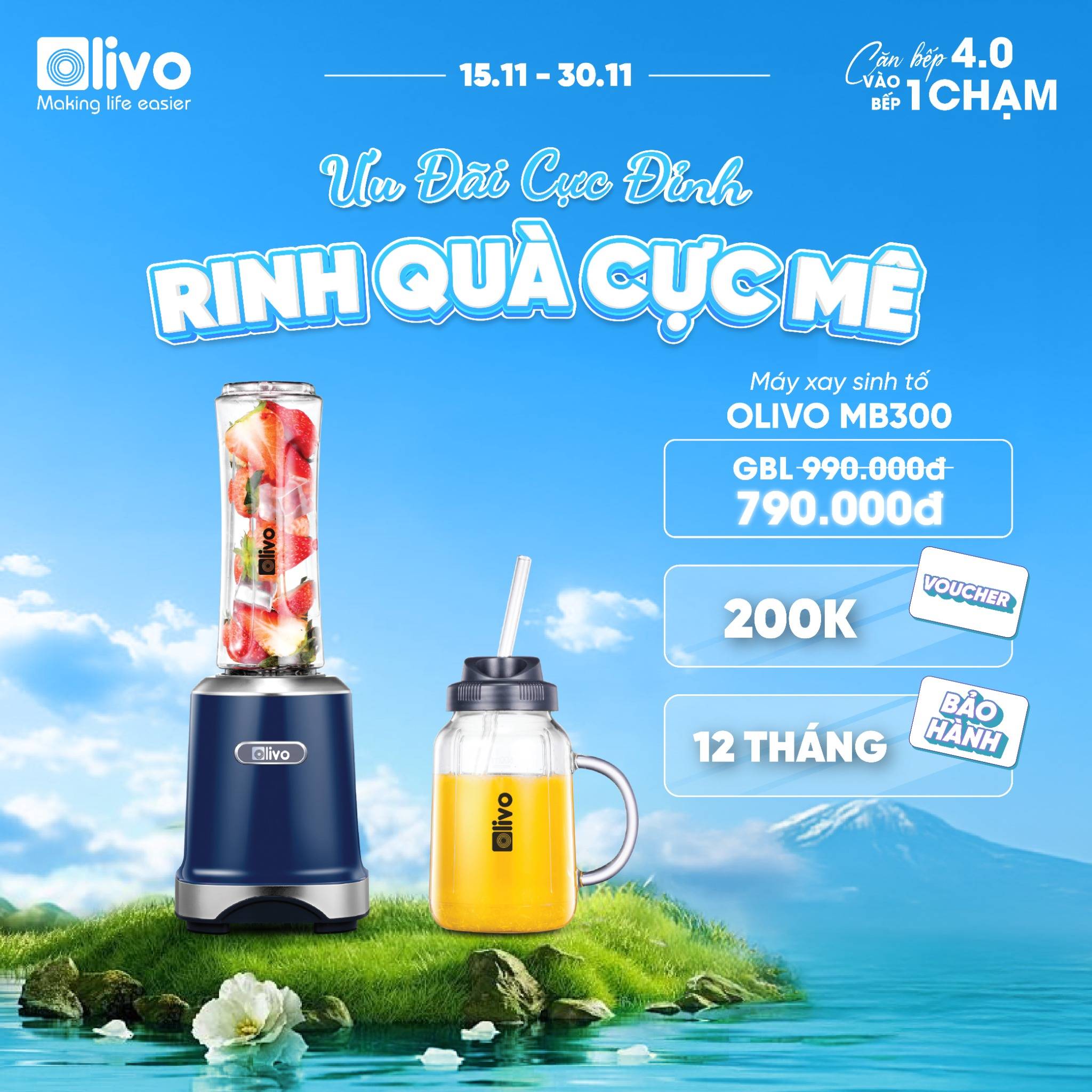 Máy Xay Sinh Tố OLIVO MB300 - 2 Cốc Linh Hoạt - Xay Đá Bào, Sinh Tố, Smoothie - Dung Tích 600ML