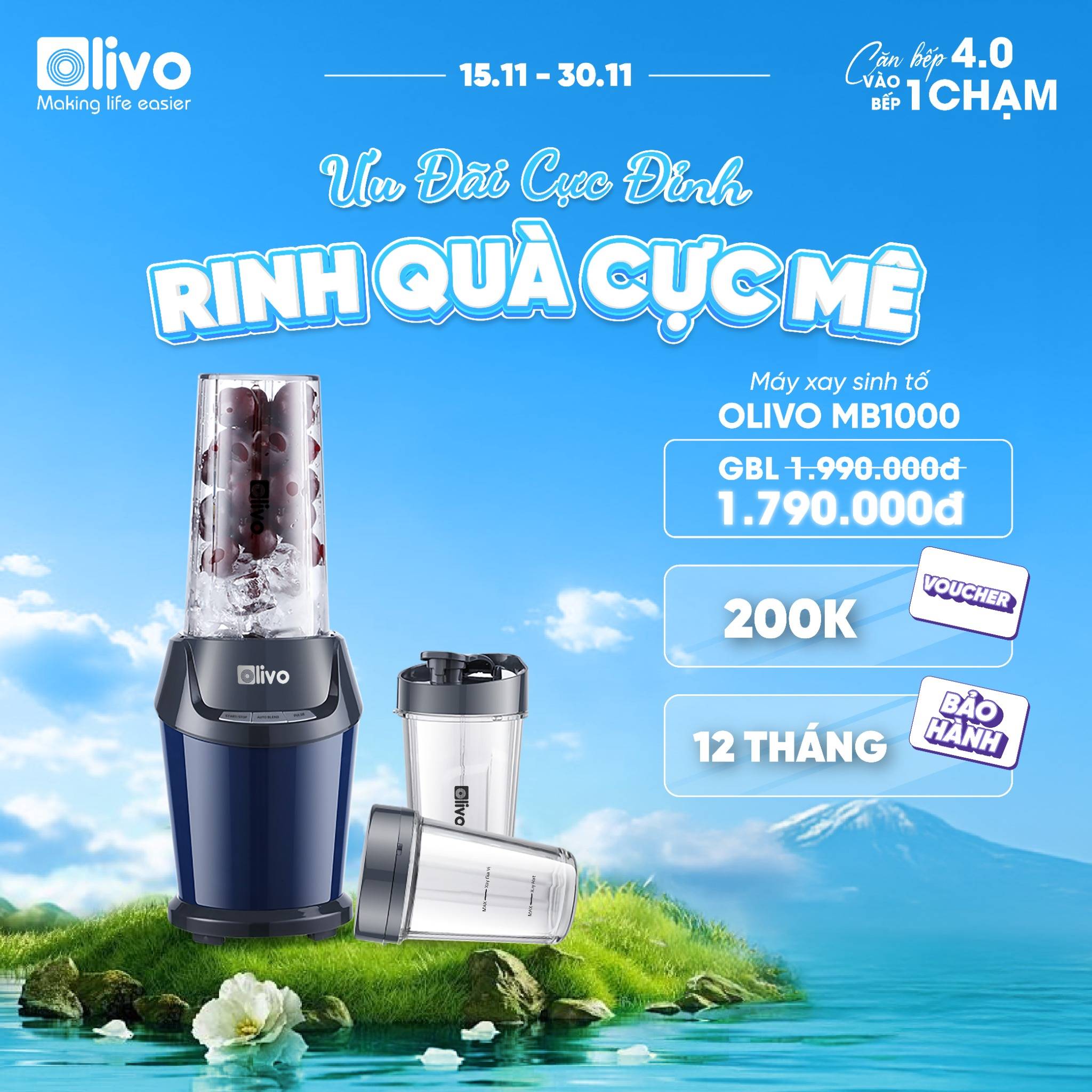 Máy Xay Sinh Tố OLIVO MB1000 - Ba Cốc Xay Linh Hoạt - Xay Đá Bào, Xay Sinh Tố, Smoothie, Đồ Ăn Dặm Cho Bé, Xay Đồ Khô - Công Suất Lớn 1000W