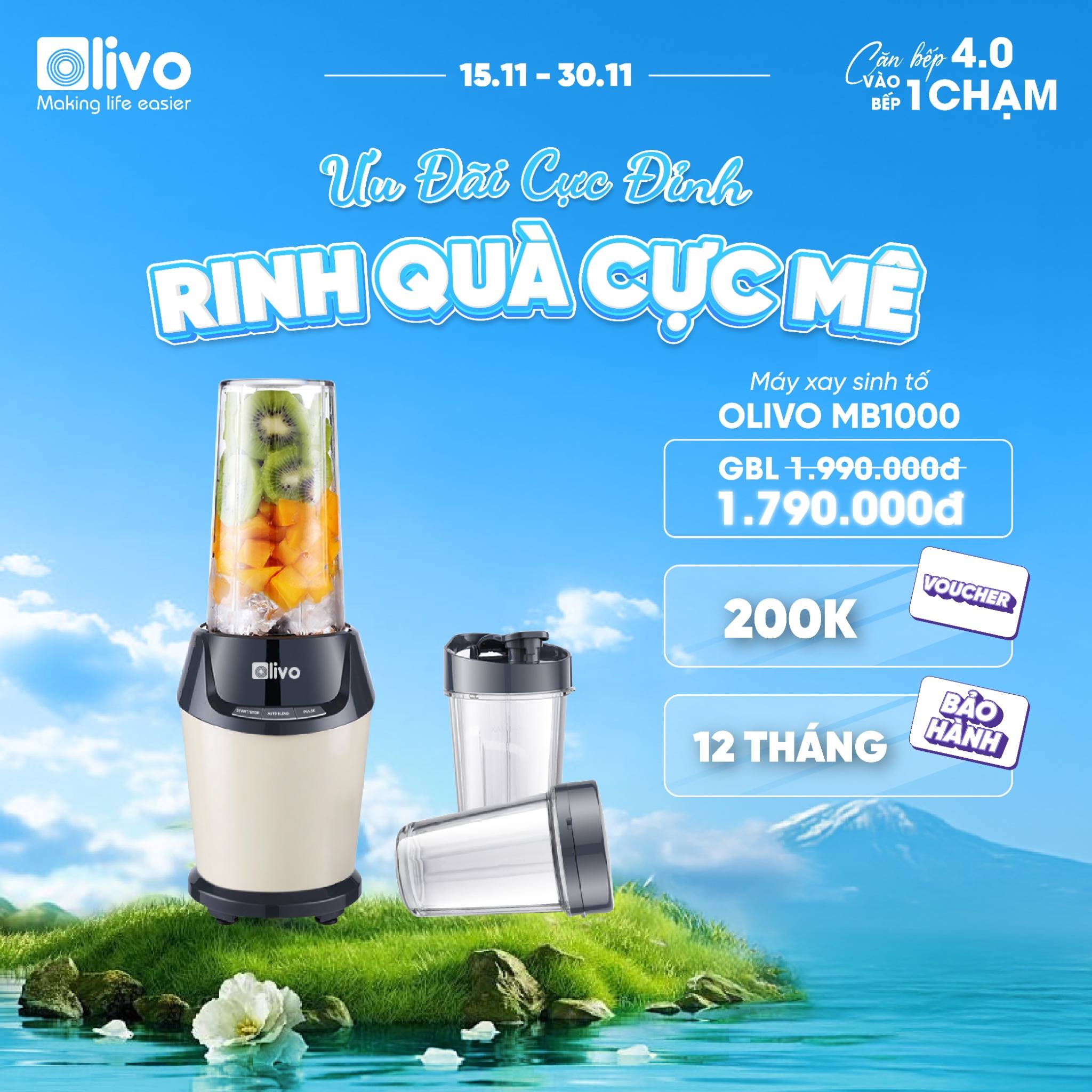 Máy Xay Sinh Tố OLIVO MB1000 - Ba Cốc Xay Linh Hoạt - Xay Đá Bào, Xay Sinh Tố, Smoothie, Đồ Ăn Dặm Cho Bé, Xay Đồ Khô - Công Suất Lớn 1000W