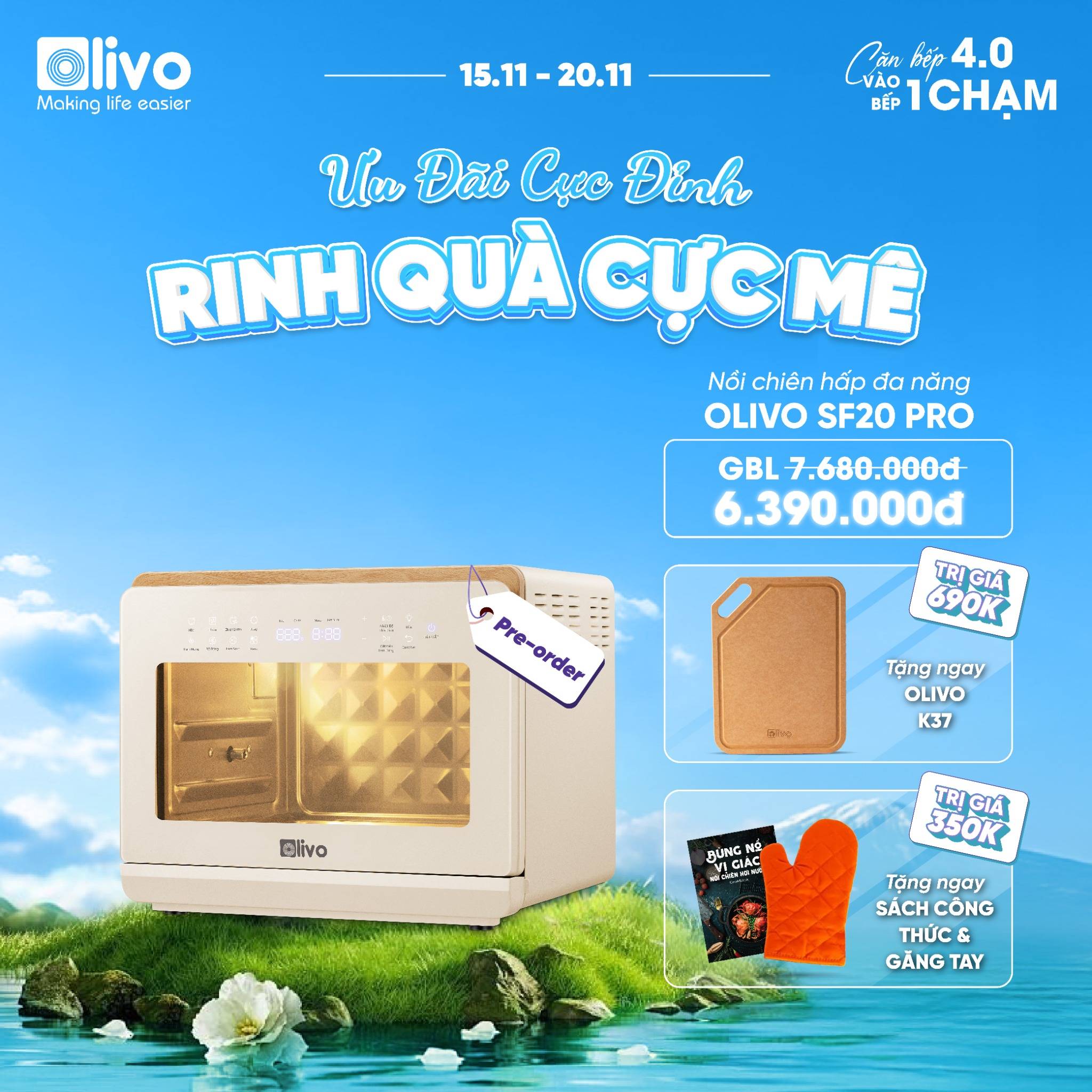 Nồi Chiên Hấp Đa Năng OLIVO SF20 PRO - Dung tích vượt trội 20L, Ứng dụng công nghệ hiện đại bậc nhất - Hấp Nano Steam/Chiên Eco Fry, 70 Chế Độ Cài Sẵn,Vệ Sinh Dễ Dàng
