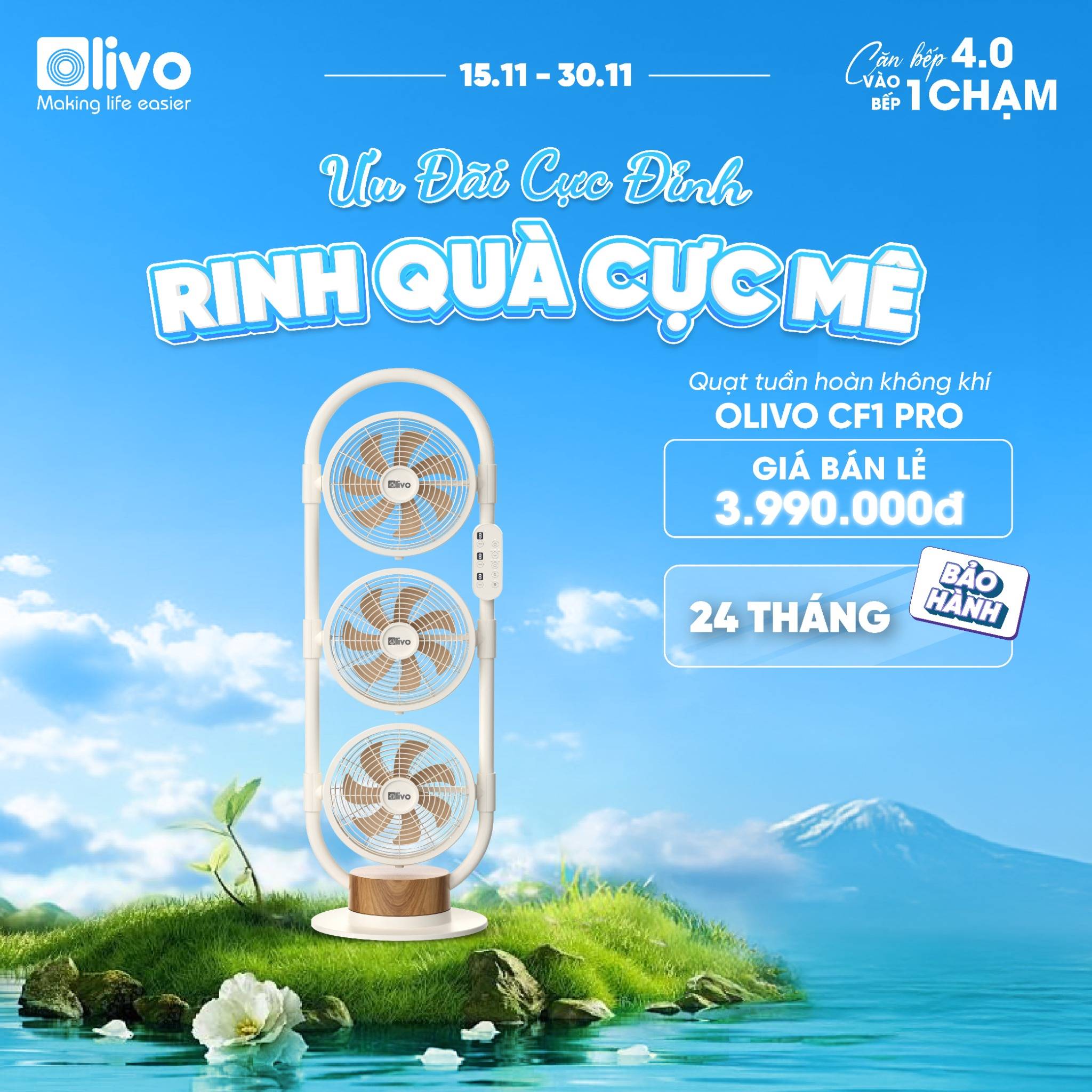 Quạt Tuần Hoàn Không Khí OLIVO CF1 PRO - Bộ 03 Lồng Quạt Hoạt Động Độc Lập, Góc Quay 240°, Tích Hợp Ngăn Chứa Tinh Dầu Thơm, Êm Ái