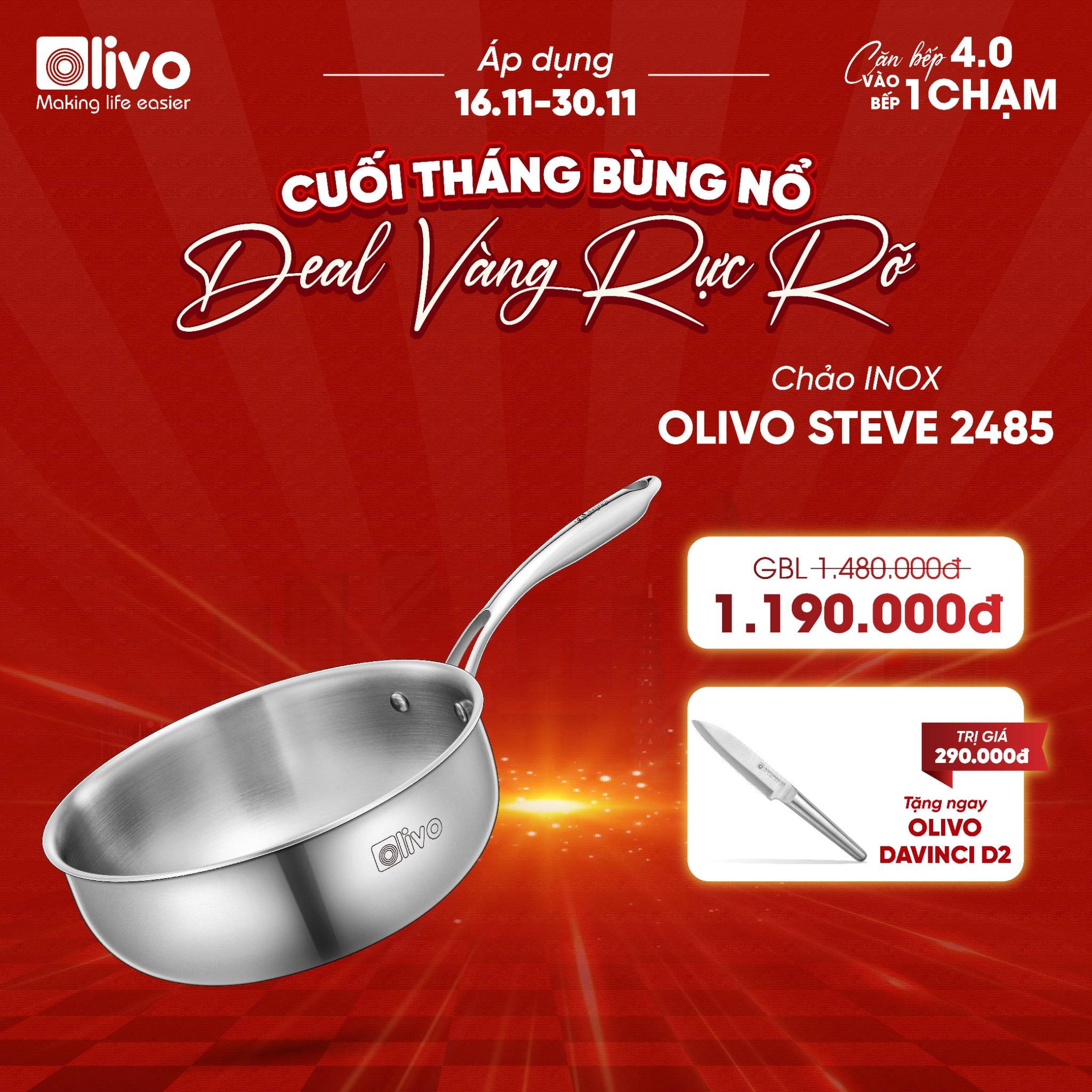 Chảo INOX OLIVO STEVE 2485 – Chống Dính Tự Nhiên, Đáy 4 Lớp, Đường Kính 24cm, Sâu Lòng 8.5cm, Nấu Được Trên Mọi Loại Bếp