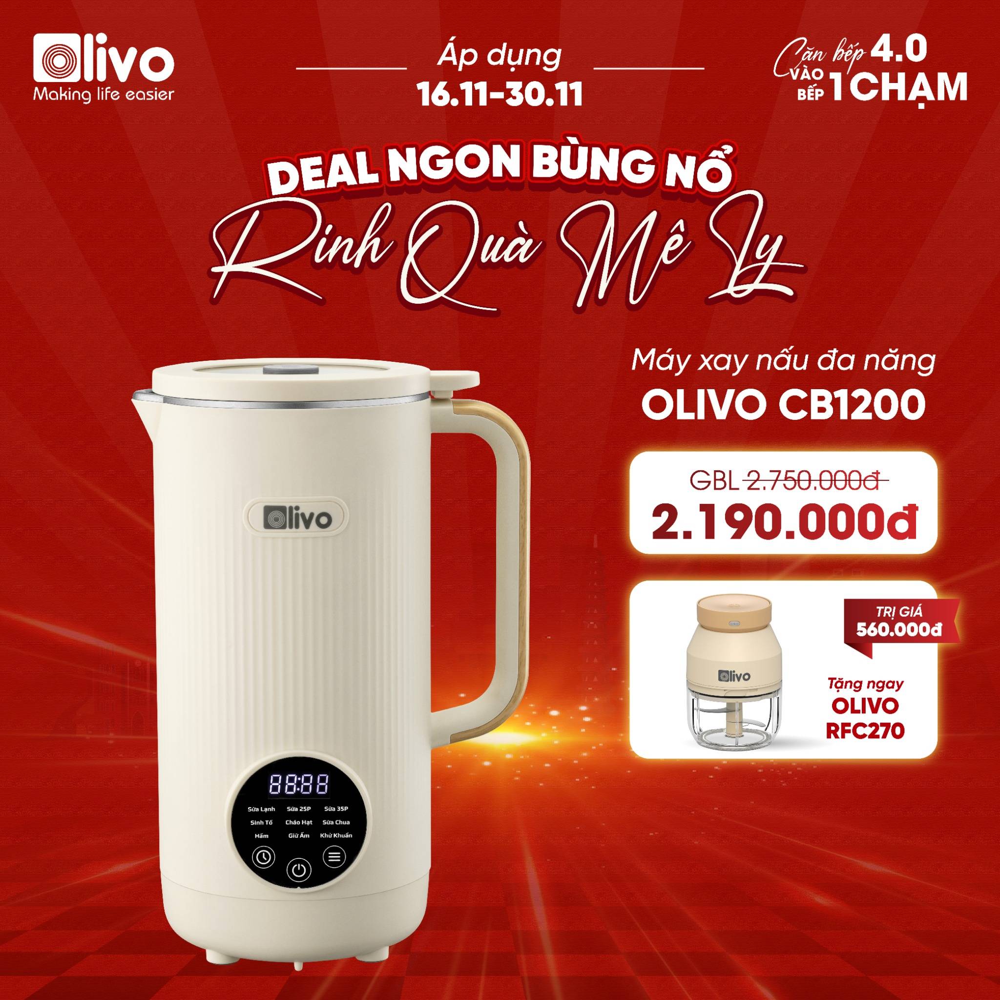 Máy Xay Nấu Đa Năng OLIVO CB1200 - Dung Tích 1.2L - Nắp INOX 304 Kết Hợp Kính Cường Lực - 10 Chế Độ, Khử Khuẩn, Chống Trào Tuyệt Đối