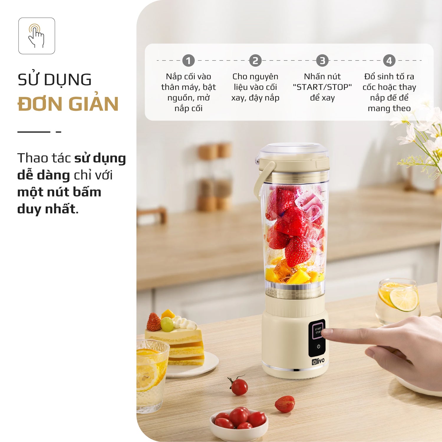 Máy Xay Sinh Tố Cầm Tay OLIVO PB02 - Pin Sạc Bền Bỉ - Nắp Đế Thay Thế - Quai Cầm Tiện Lợi - Dễ Dàng Vệ Sinh - Dung Tích 500ML - Công Suất 100W