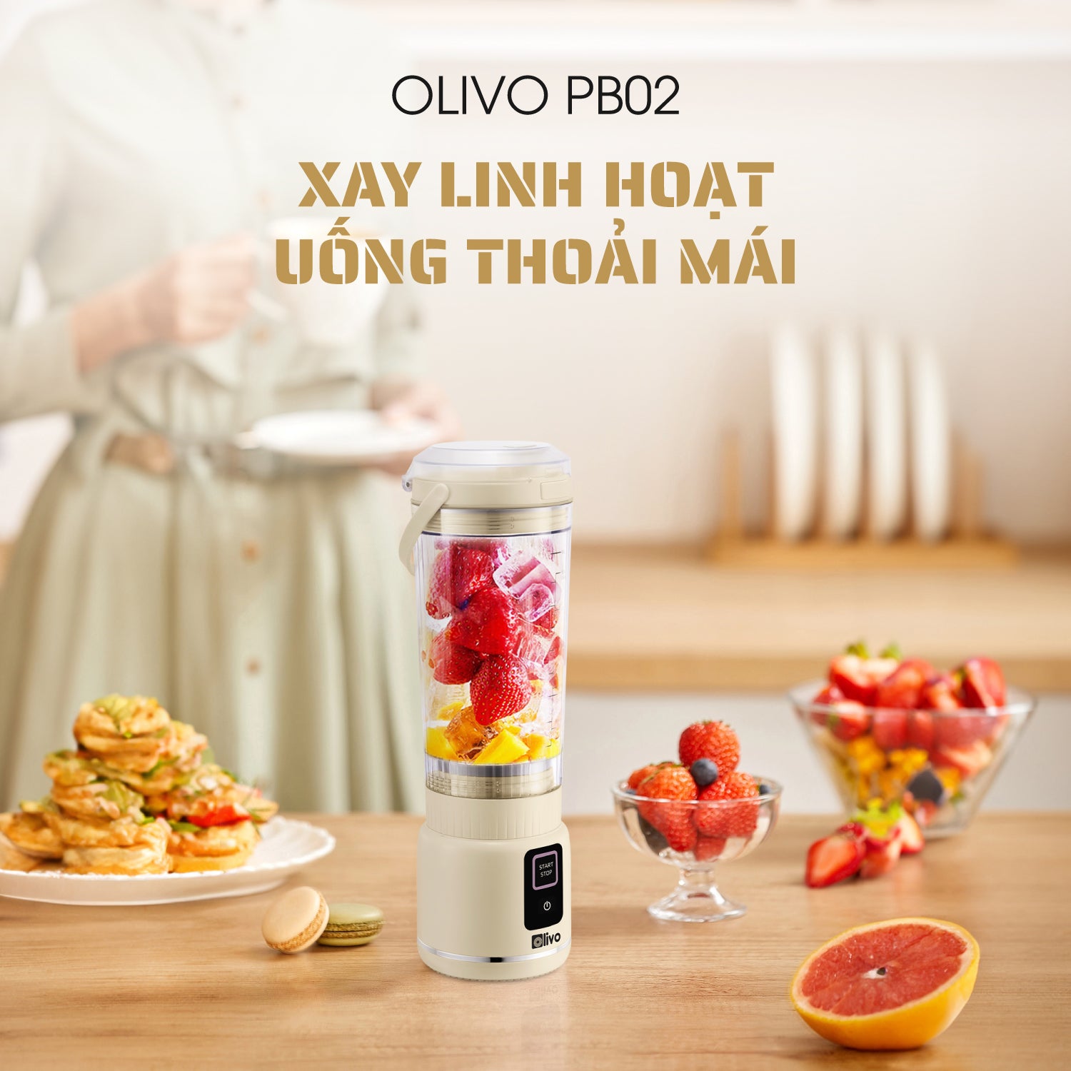 Máy Xay Sinh Tố Cầm Tay OLIVO PB02 - Pin Sạc Bền Bỉ - Nắp Đế Thay Thế - Quai Cầm Tiện Lợi - Dễ Dàng Vệ Sinh - Dung Tích 500ML - Công Suất 100W