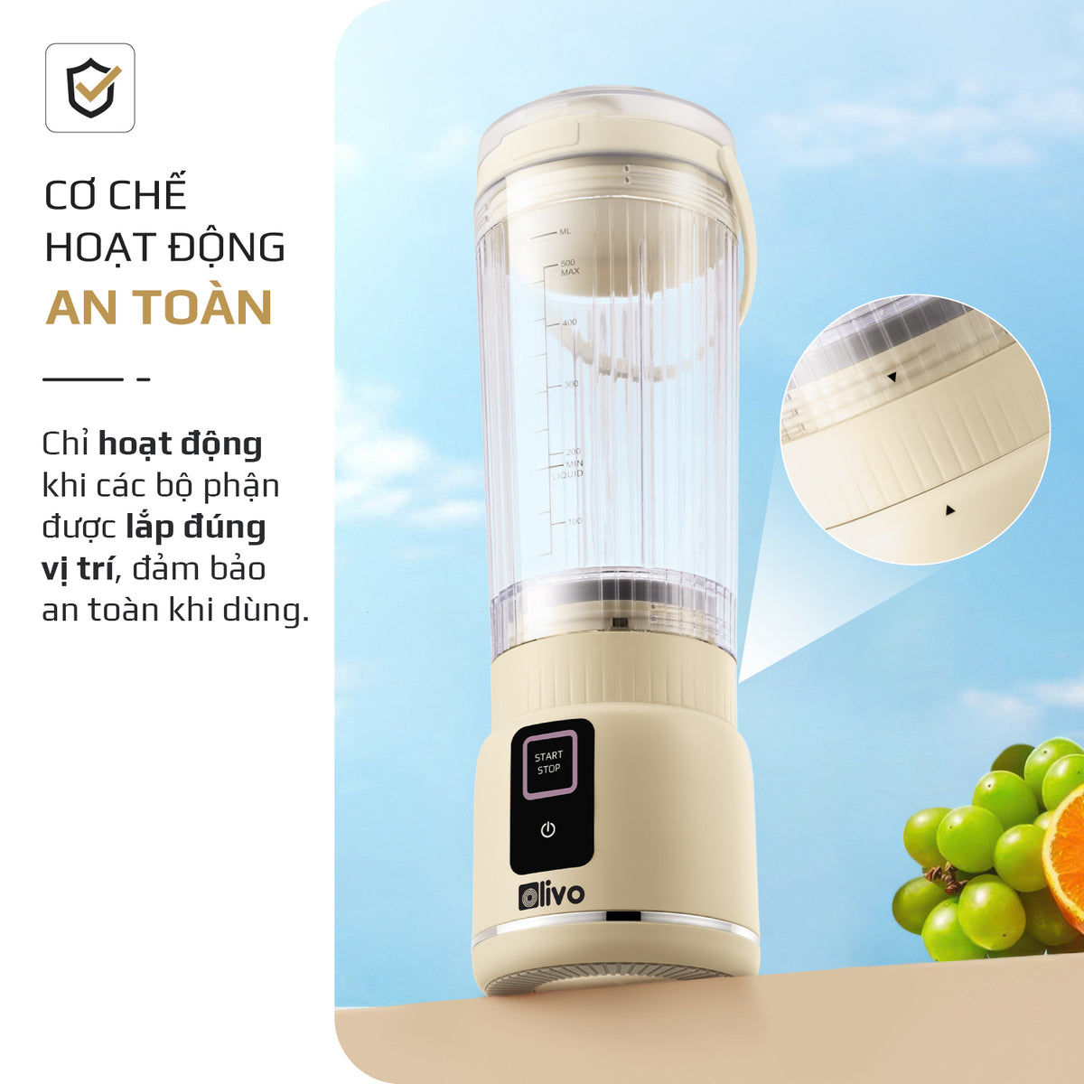 Máy Xay Sinh Tố Cầm Tay OLIVO PB02 - Pin Sạc Bền Bỉ - Nắp Đế Thay Thế - Quai Cầm Tiện Lợi - Dễ Dàng Vệ Sinh - Dung Tích 500ML - Công Suất 100W