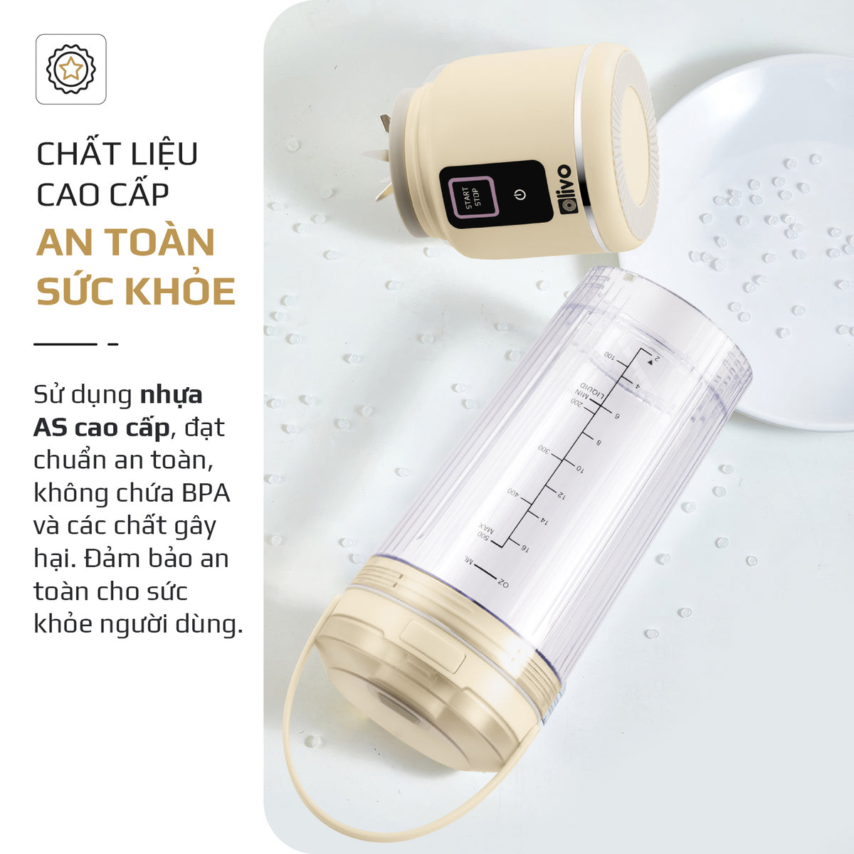 Máy Xay Sinh Tố Cầm Tay OLIVO PB02 - Pin Sạc Bền Bỉ - Nắp Đế Thay Thế - Quai Cầm Tiện Lợi - Dễ Dàng Vệ Sinh - Dung Tích 500ML - Công Suất 100W