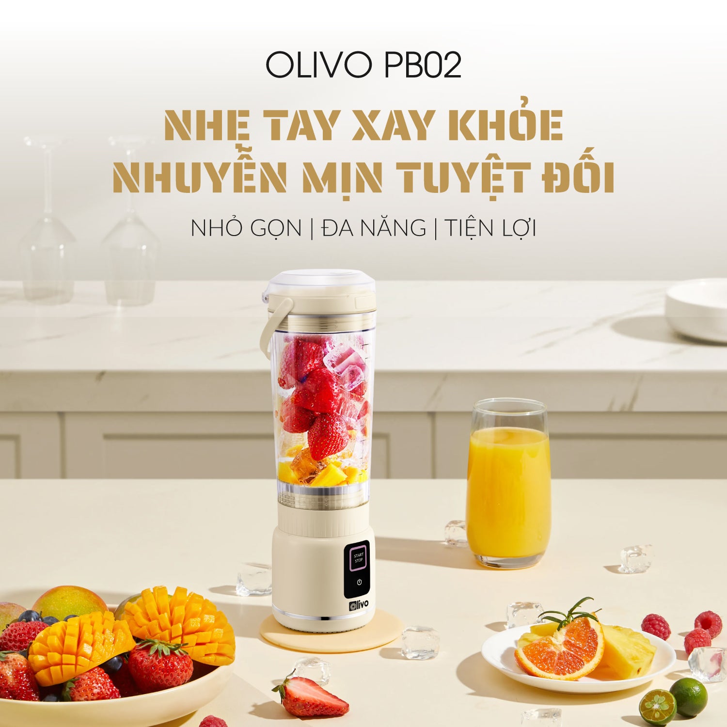 Máy Xay Sinh Tố Cầm Tay OLIVO PB02 - Pin Sạc Bền Bỉ - Nắp Đế Thay Thế - Quai Cầm Tiện Lợi - Dễ Dàng Vệ Sinh - Dung Tích 500ML - Công Suất 100W