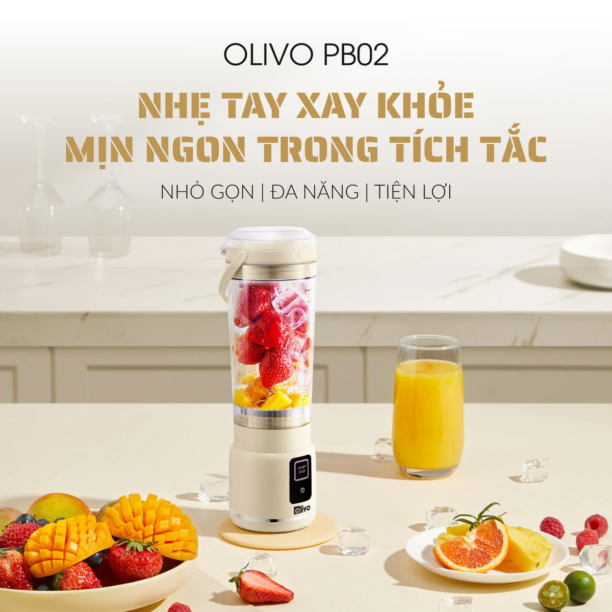 Máy Xay Sinh Tố Cầm Tay OLIVO PB02 - Pin Sạc Bền Bỉ - Nắp Đế Thay Thế - Quai Cầm Tiện Lợi - Dễ Dàng Vệ Sinh - Dung Tích 500ML - Công Suất 100W