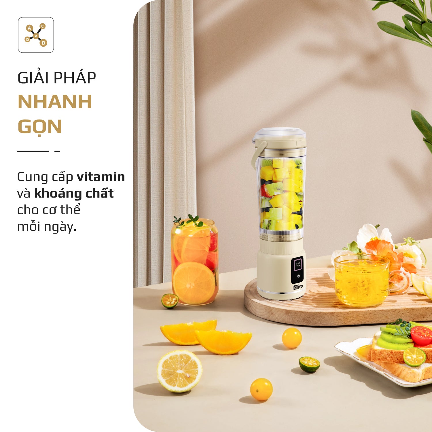 Máy Xay Sinh Tố Cầm Tay OLIVO PB02 - Pin Sạc Bền Bỉ - Nắp Đế Thay Thế - Quai Cầm Tiện Lợi - Dễ Dàng Vệ Sinh - Dung Tích 500ML - Công Suất 100W
