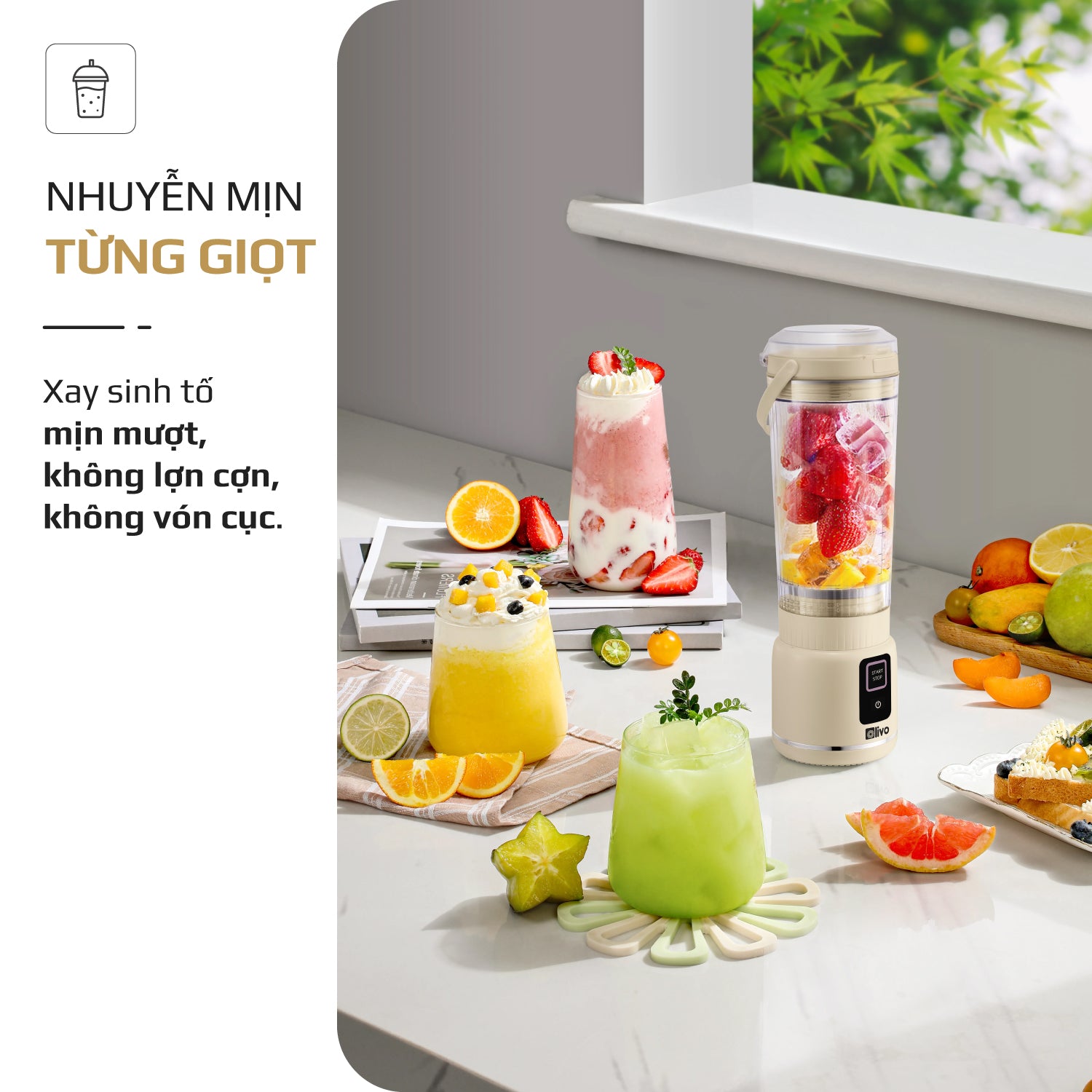 Máy Xay Sinh Tố Cầm Tay OLIVO PB02 - Pin Sạc Bền Bỉ - Nắp Đế Thay Thế - Quai Cầm Tiện Lợi - Dễ Dàng Vệ Sinh - Dung Tích 500ML - Công Suất 100W