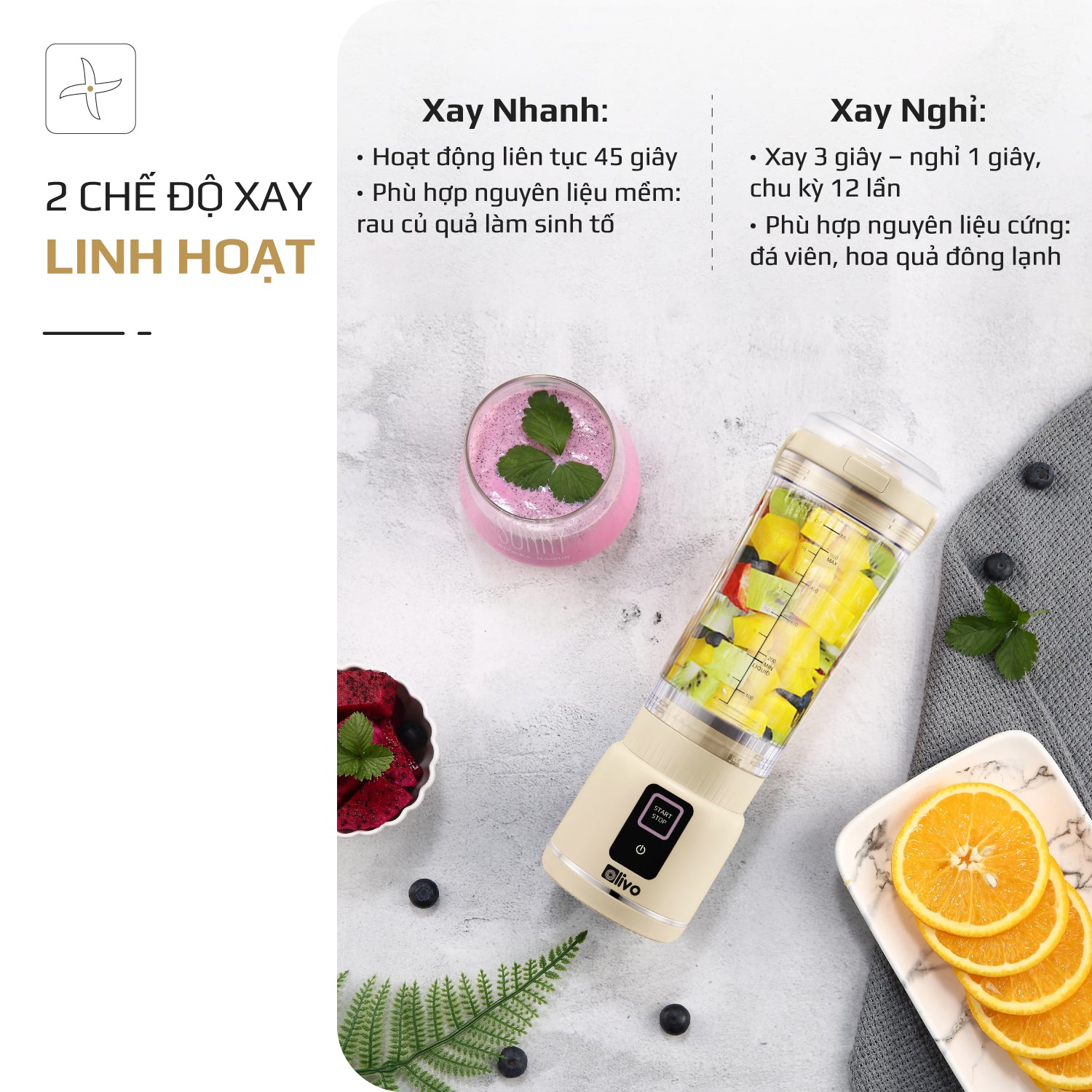 Máy Xay Sinh Tố Cầm Tay OLIVO PB02 - Pin Sạc Bền Bỉ - Nắp Đế Thay Thế - Quai Cầm Tiện Lợi - Dễ Dàng Vệ Sinh - Dung Tích 500ML - Công Suất 100W