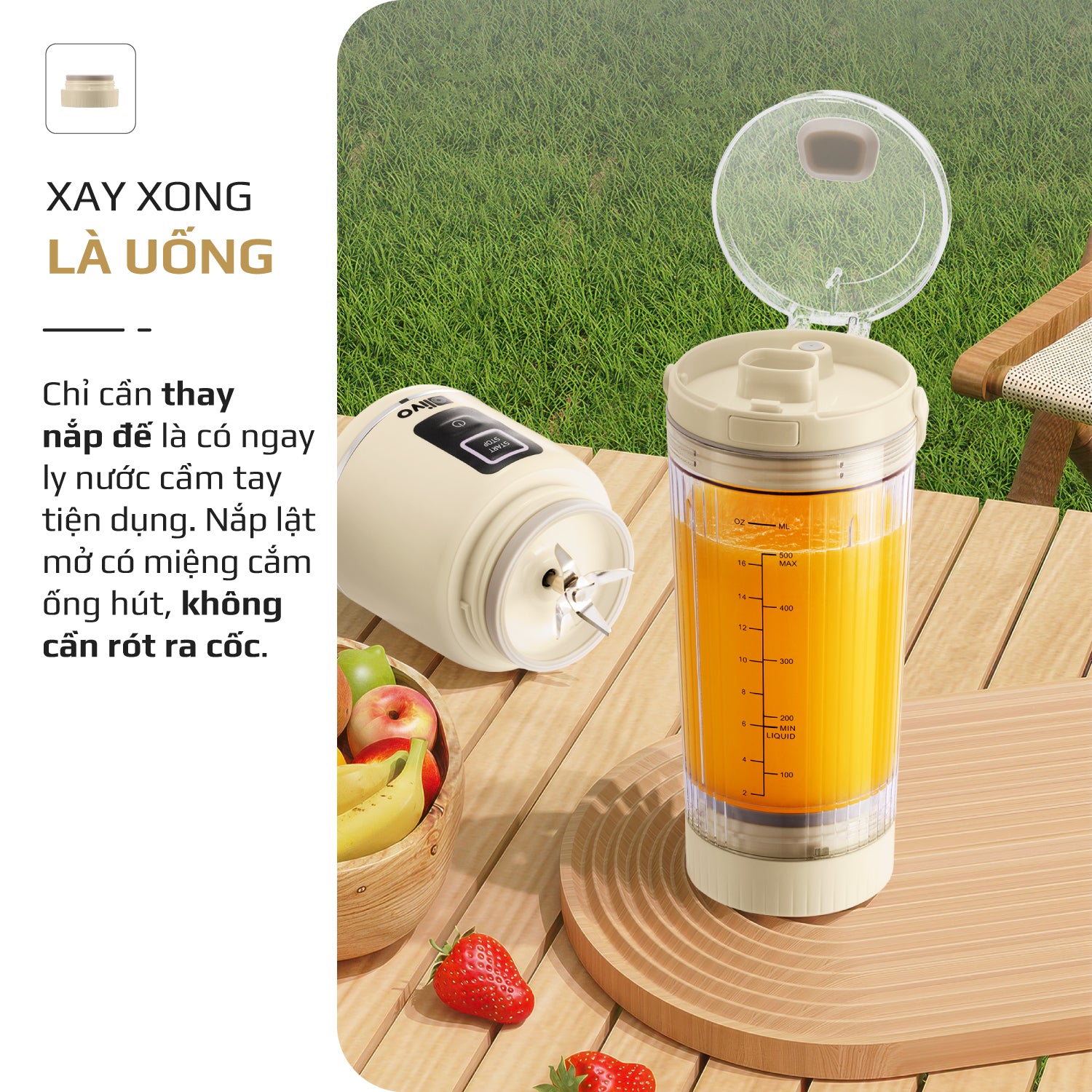Máy Xay Sinh Tố Cầm Tay OLIVO PB02 - Pin Sạc Bền Bỉ - Nắp Đế Thay Thế - Quai Cầm Tiện Lợi - Dễ Dàng Vệ Sinh - Dung Tích 500ML - Công Suất 100W