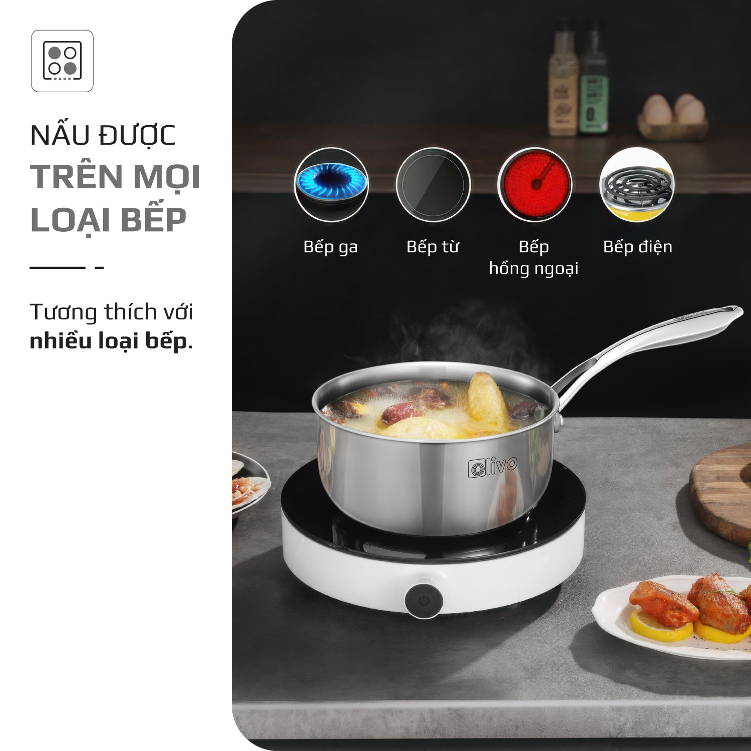 Quánh INOX OLIVO Davinci SD1885 - Kích Thước Nhỏ Gọn - Đường Kính 18Cm - Sâu Lòng  8.5Cm - Nấu Được Trên Mọi Loại Bếp