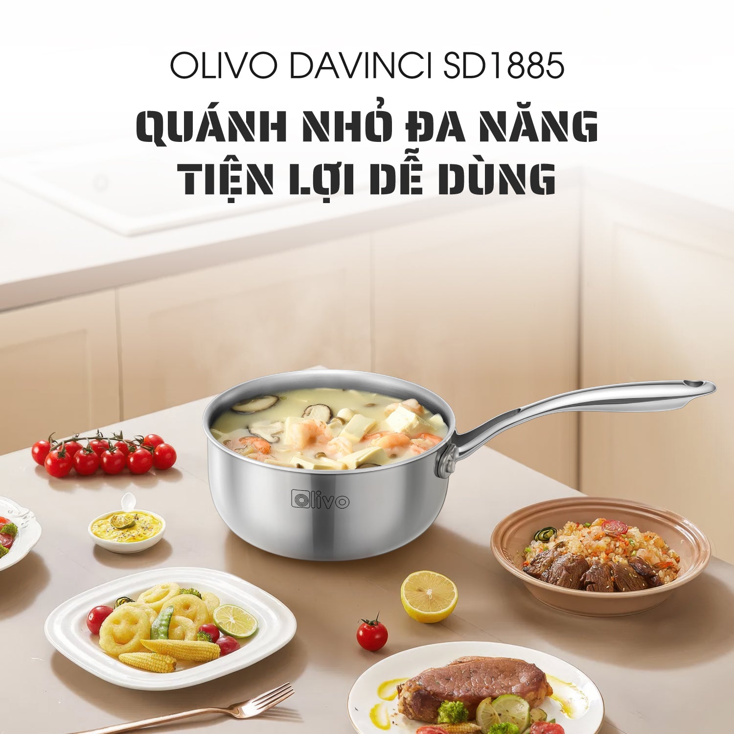 Quánh INOX OLIVO Davinci SD1885 - Kích Thước Nhỏ Gọn - Đường Kính 18Cm - Sâu Lòng  8.5Cm - Nấu Được Trên Mọi Loại Bếp