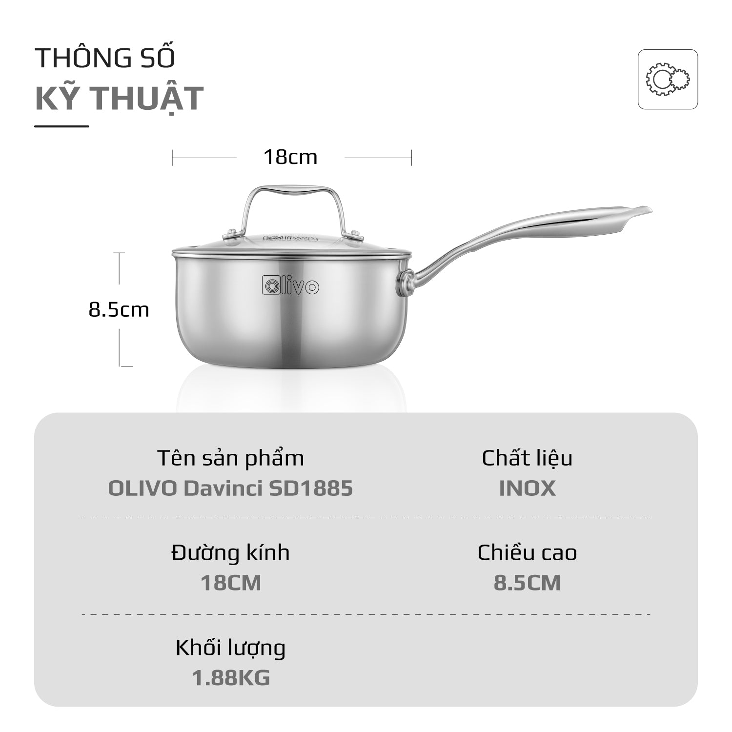 Quánh INOX OLIVO Davinci SD1885 - Kích Thước Nhỏ Gọn - Đường Kính 18Cm - Sâu Lòng  8.5Cm - Nấu Được Trên Mọi Loại Bếp