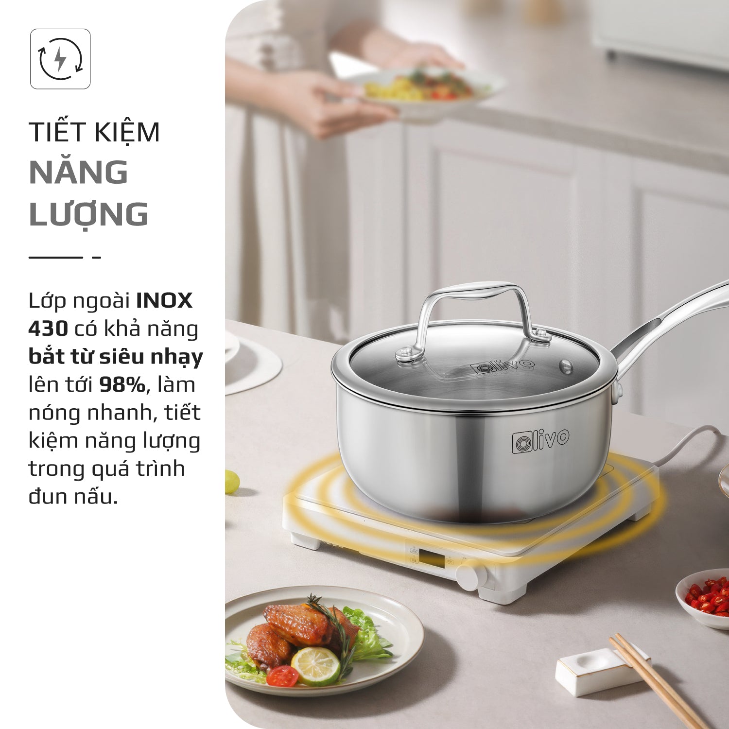 Quánh INOX OLIVO Davinci SD1885 - Kích Thước Nhỏ Gọn - Đường Kính 18Cm - Sâu Lòng  8.5Cm - Nấu Được Trên Mọi Loại Bếp