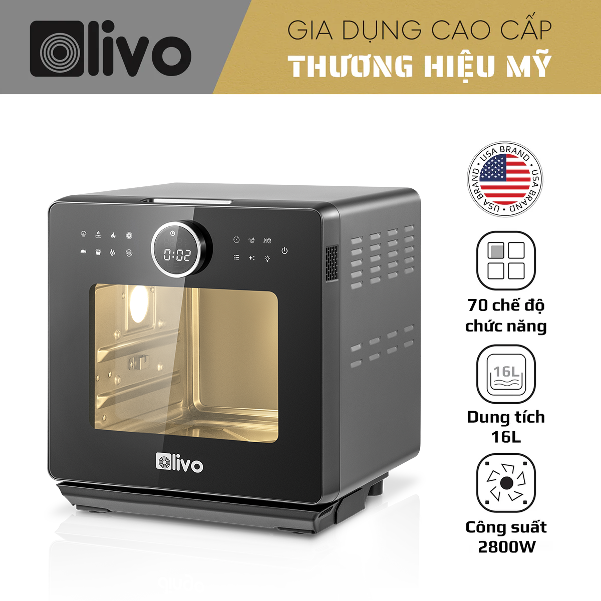 Nồi Chiên Hấp Đa Năng OLIVO SF16 PRO 2025 - 70 Chế Độ Cài Sẵn, Toàn Bộ Khoang Nồi Và Phụ Kiện Bằng Inox 304 Cao Cấp, Dung Tích 16L, Vệ Sinh Dễ Dàng