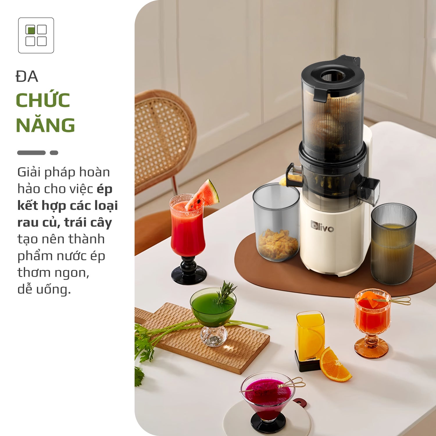 Máy Ép Chậm OLIVO SJ2000 - Khoang Tiếp Lớn, Củ Ép Kết Hợp Lưỡi Cắt Thông Minh, Thiết Kế Sang Trọng, Đẳng Cấp