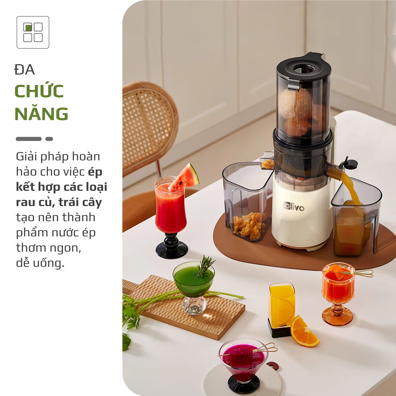 Máy Ép Chậm OLIVO SJ2000 - Khoang Tiếp Lớn, Củ Ép Kết Hợp Lưỡi Cắt Thông Minh, Thiết Kế Sang Trọng, Đẳng Cấp