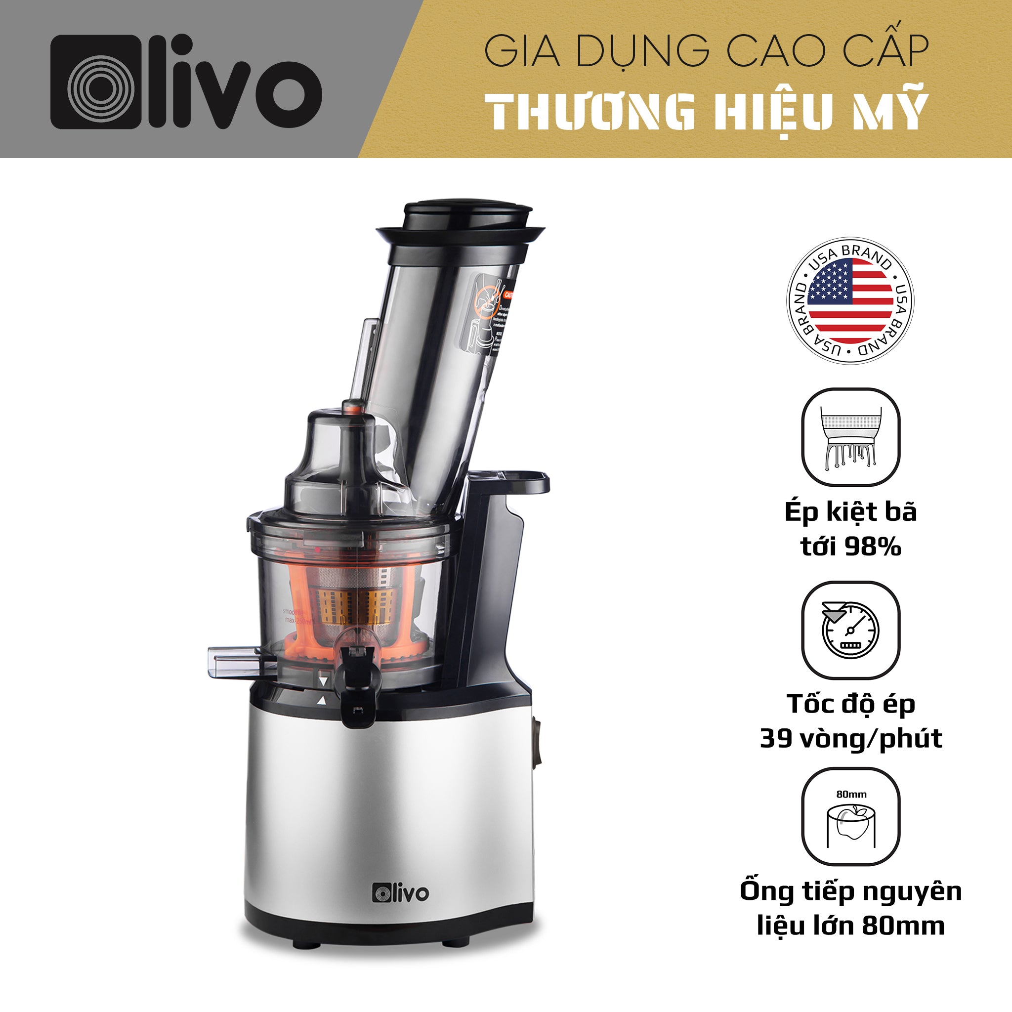 Máy Ép Chậm OLIVO SJ200 Đa Năng - Ép Kiệt Bã 98% - Tốc Độ Chậm 39 vòng/phút - Dễ Vệ Sinh