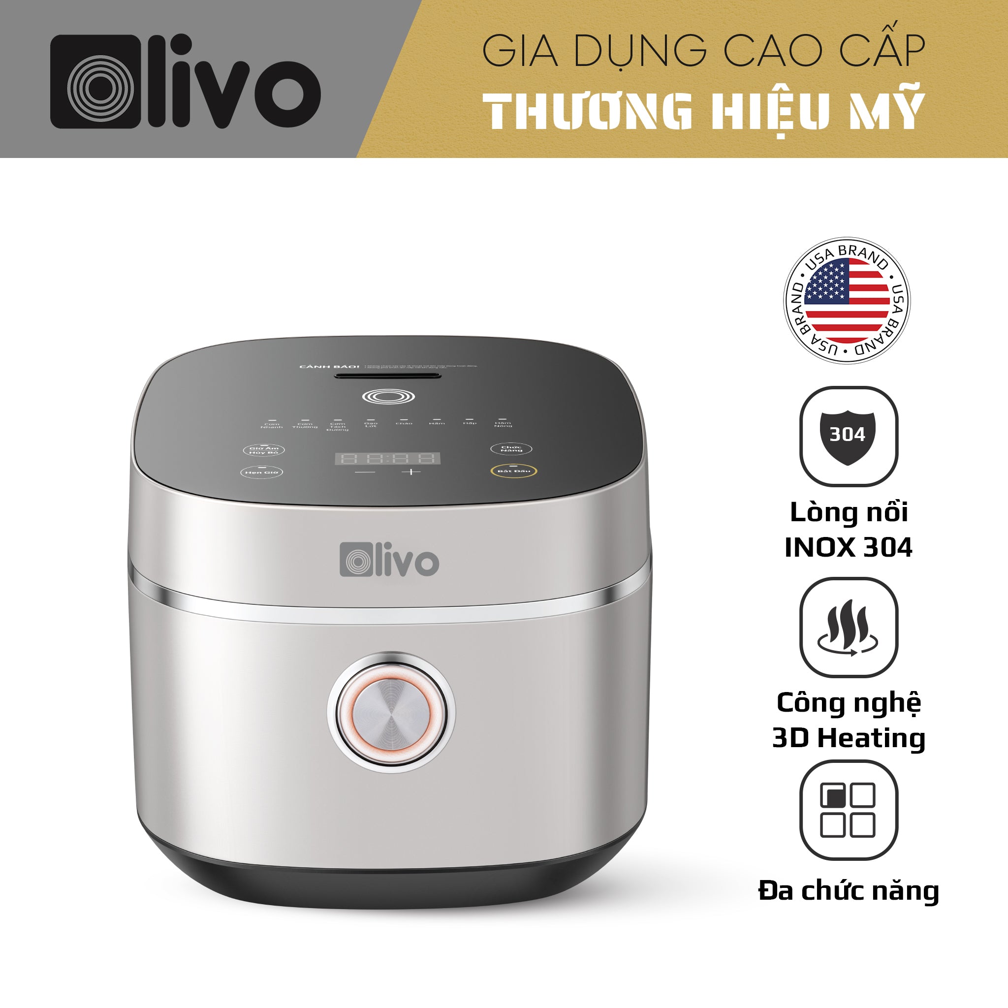 Nồi Cơm Điện OLIVO RC86 - Lòng Nồi INOX 304 Chống Dính Tự Nhiên, Nấu Cơm Ngon, Thiết Kế Tinh Tế, Sang Trọng