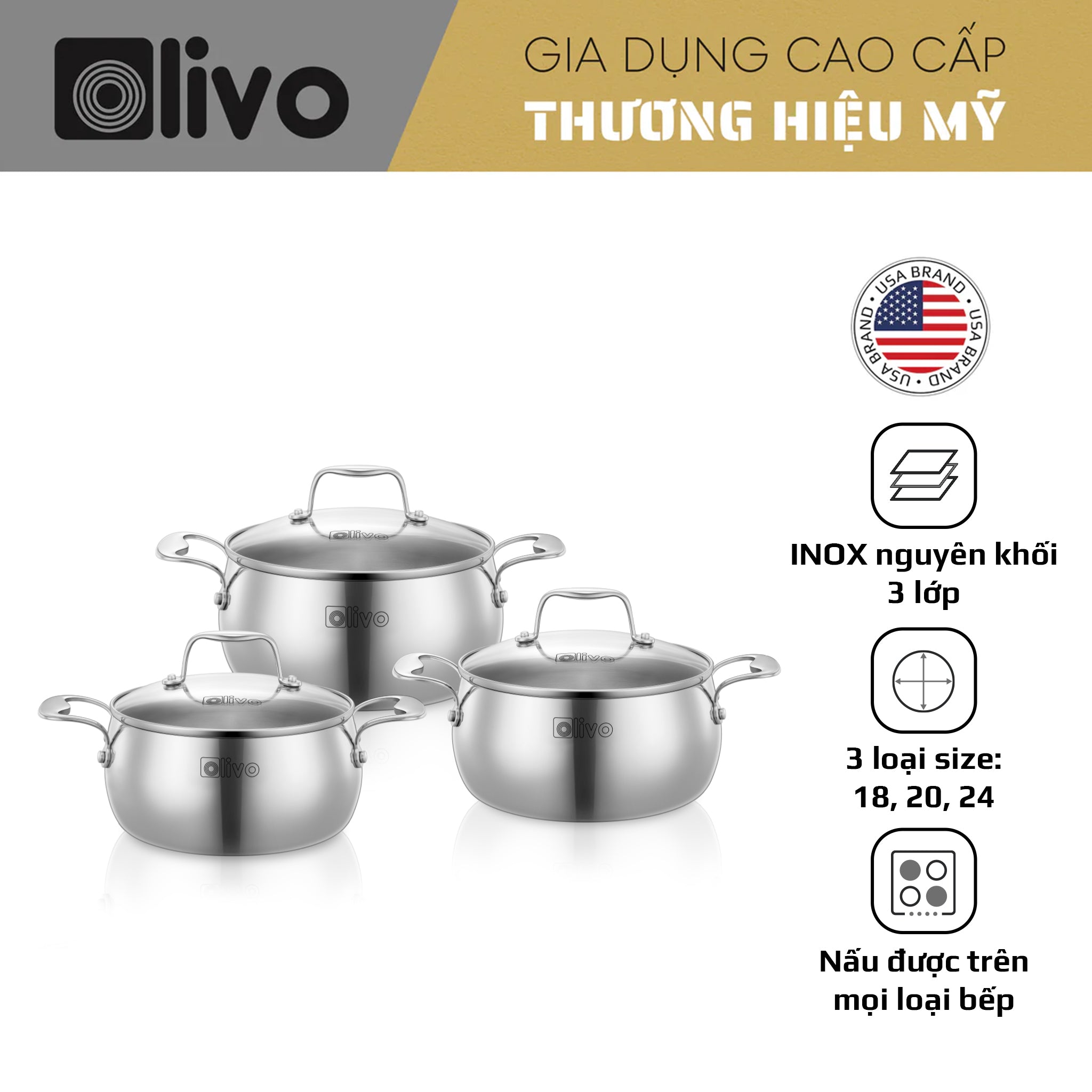 Bộ Nồi Olivo Steve CS - Bộ 3 Nồi - Đa Dạng Kích Thước - Inox 3 Lớp - Nắp Kính Cường Lực - Nấu Được Trên Mọi Loại Bếp