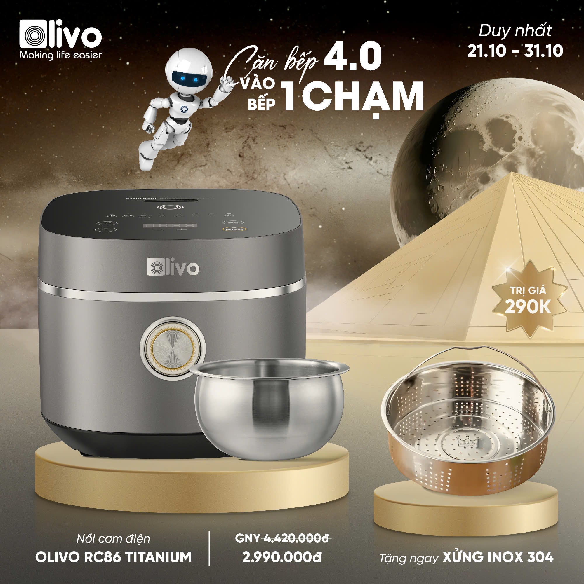 Nồi Cơm Điện OLIVO RC86 Titanium - Lòng Nồi INOX 304 Chống Dính Tự Nhiên, Nấu Cơm Ngon, Thiết Kế Tinh Tế, Sang Trọng