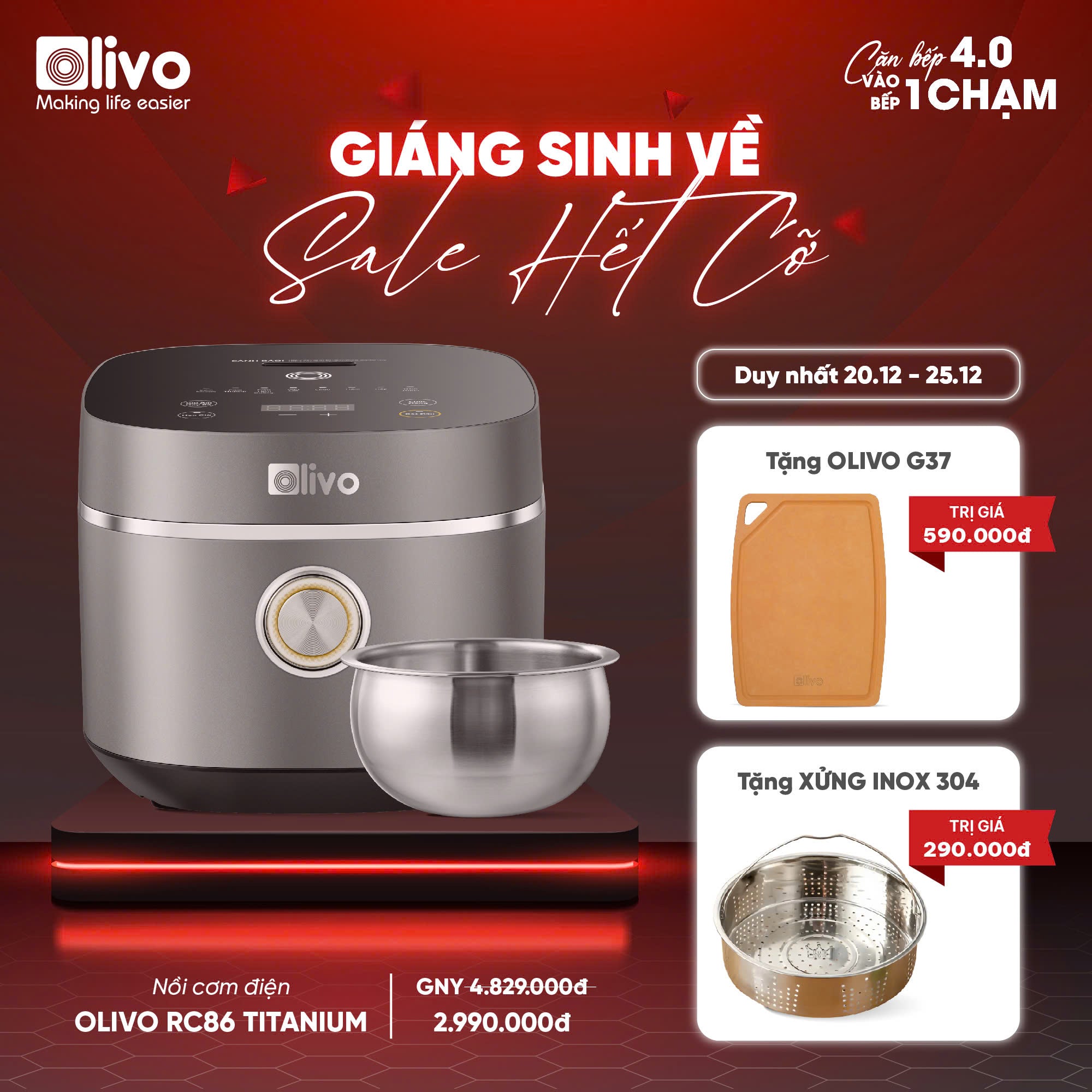 Nồi Cơm Điện OLIVO RC86 Titanium - Lòng Nồi INOX 304 Chống Dính Tự Nhiên, Nấu Cơm Ngon, Thiết Kế Tinh Tế, Sang Trọng