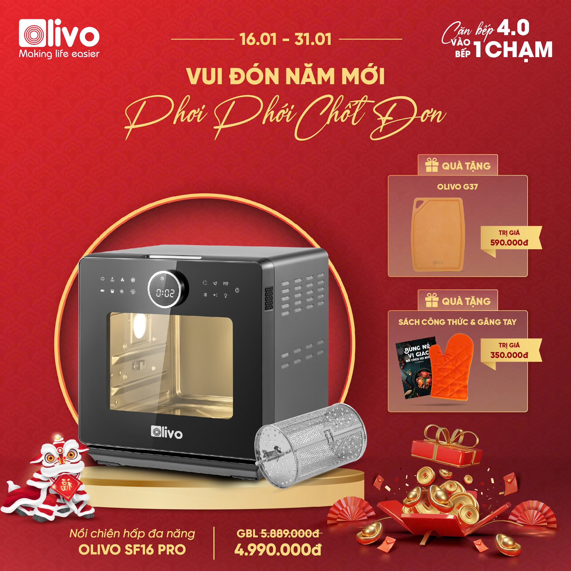 Nồi Chiên Hấp Đa Năng OLIVO SF16 PRO 2025 - 70 Chế Độ Cài Sẵn, Toàn Bộ Khoang Nồi Và Phụ Kiện Bằng Inox 304 Cao Cấp, Dung Tích 16L, Vệ Sinh Dễ Dàng