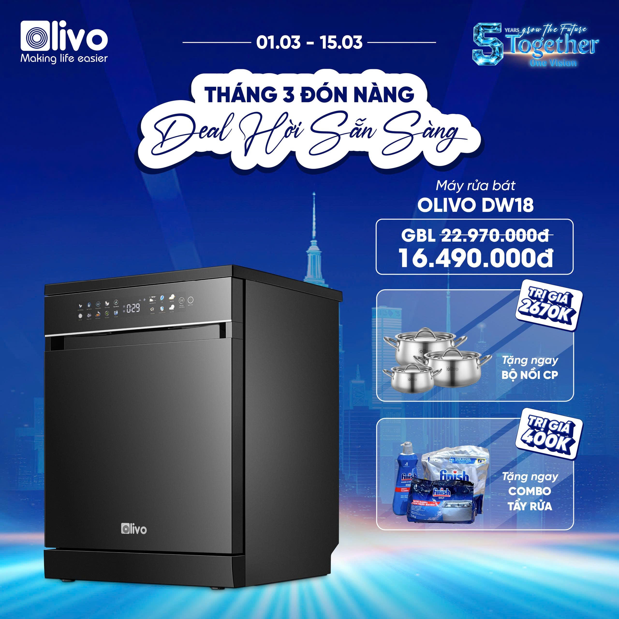 Máy Rửa Bát OLIVO DW18 - 3 Giỏ Linh Hoạt - Tải Trọng 18 Bộ Bát Đĩa - Sấy Turbo EcoDry - Rửa Hydro360 Wash -16 Chương Trình - Khử Khuẩn UV