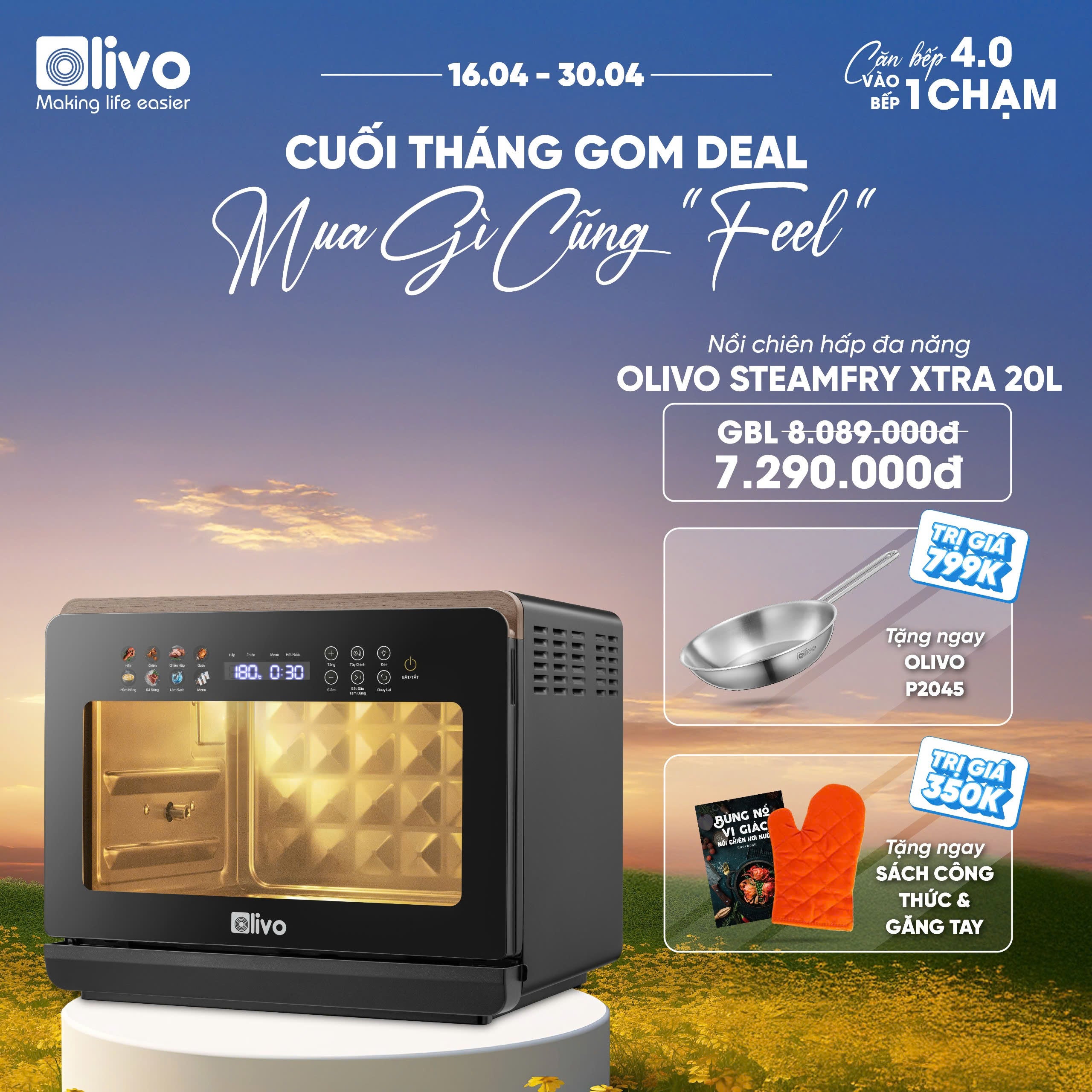Nồi Chiên Hấp Đa Năng OLIVO SteamFry Xtra – Phiên Bản Cao Cấp, Bảng Điều Khiển OLED, Dung tích vượt trội 20L, Hấp Nano Steam/Chiên Eco Fry thế hệ thứ 2, 70 Chế Độ Cài Sẵn, Vệ Sinh Dễ Dàng